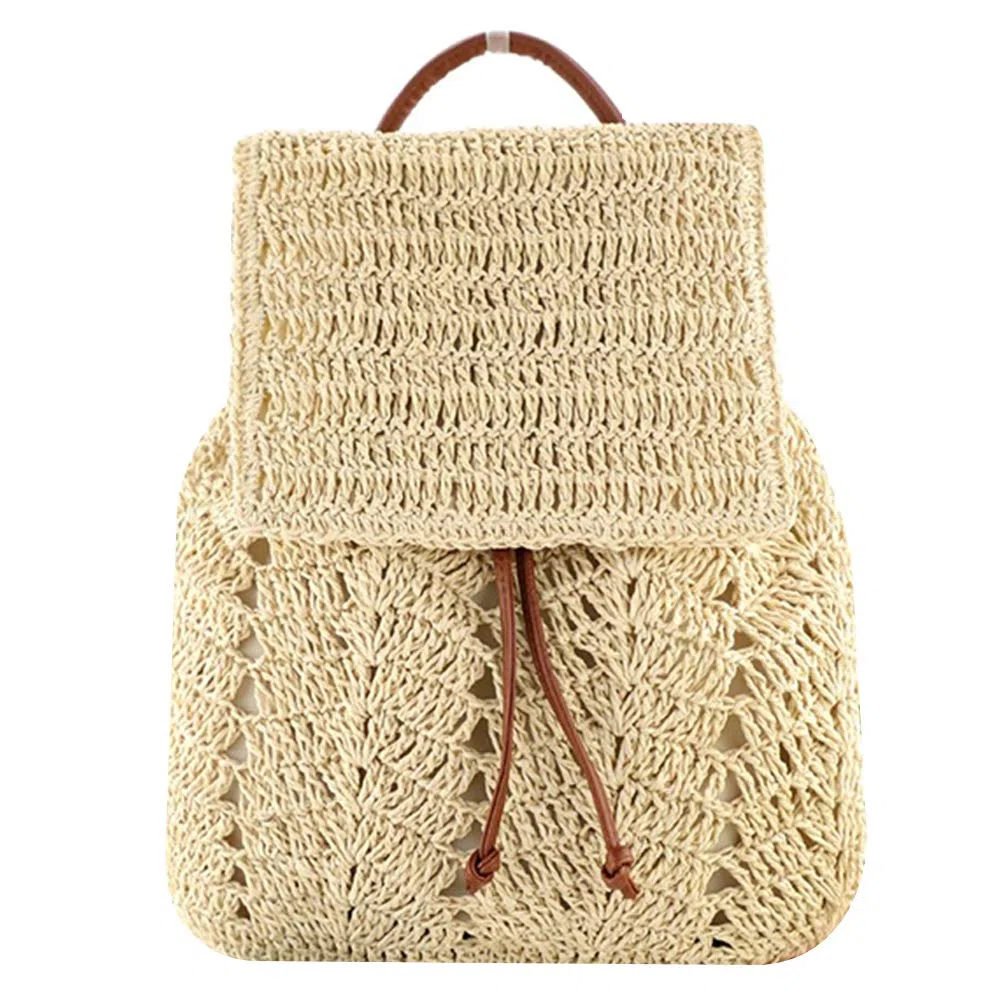 Mini sac à dos de voyage en paille tressée avec cordon de serrage pour femme et fille