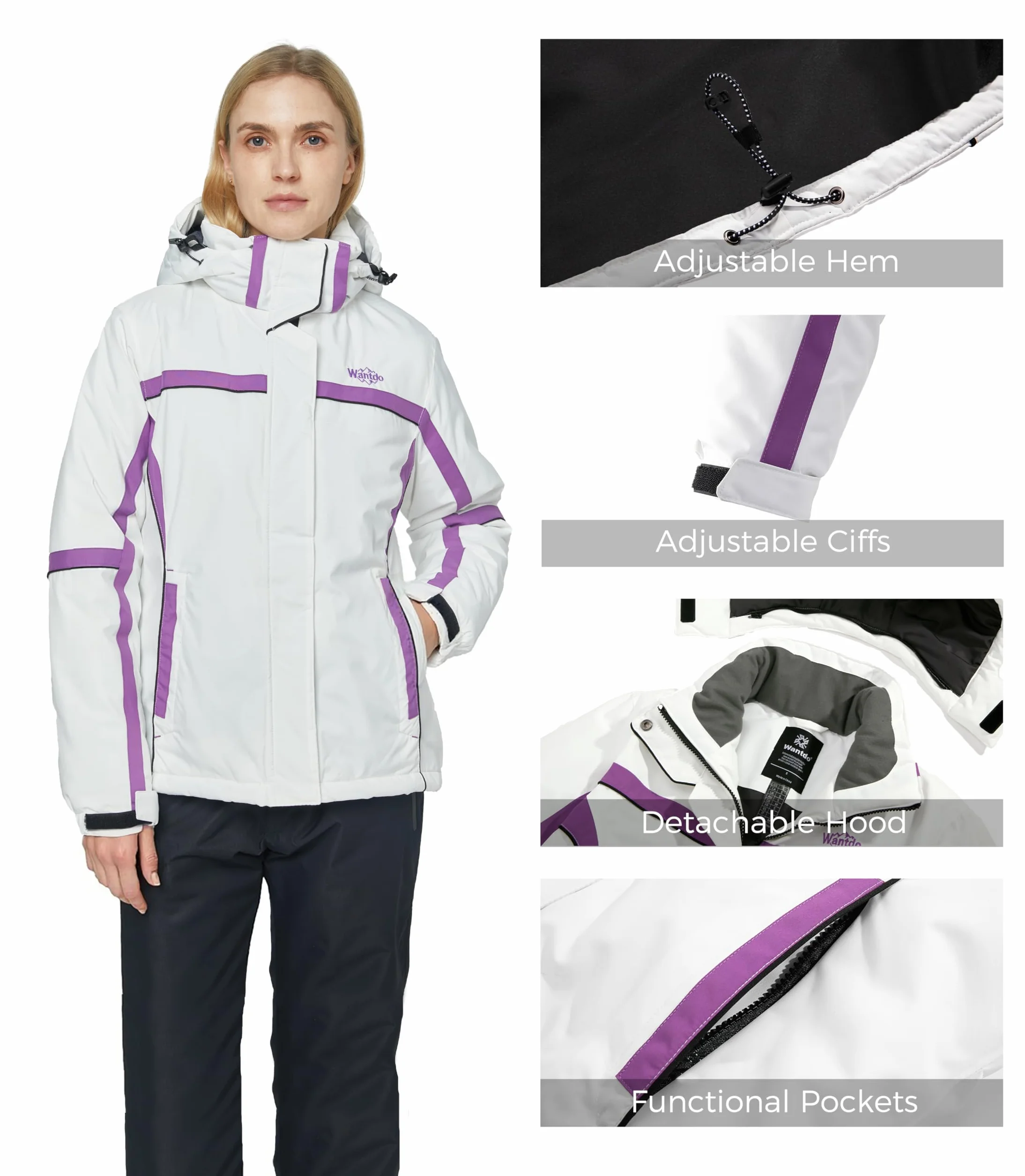 Wantdo Femme Veste de Ski Imperméable Outdoor Veste Coupe-Vent Manteau d'hiver Chaud avec Capuche Amovible Veste Sport Randonnée Coupe-Vent