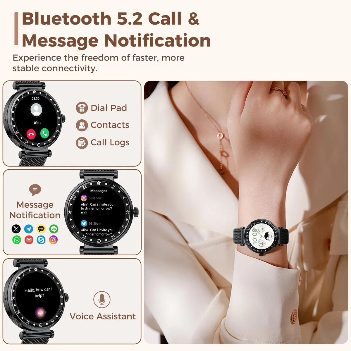 Montre Connectée Femme avec Appel Bluetooth,2025 Neu AMOLED Ultra-fin 1.19" Smartwatch Santé Au Féminin/Cycle Menstruel/SpO2/Suivi du Sommeil/110+ Modes Sportif Podometre,IP68 Étanche pour Android iOS