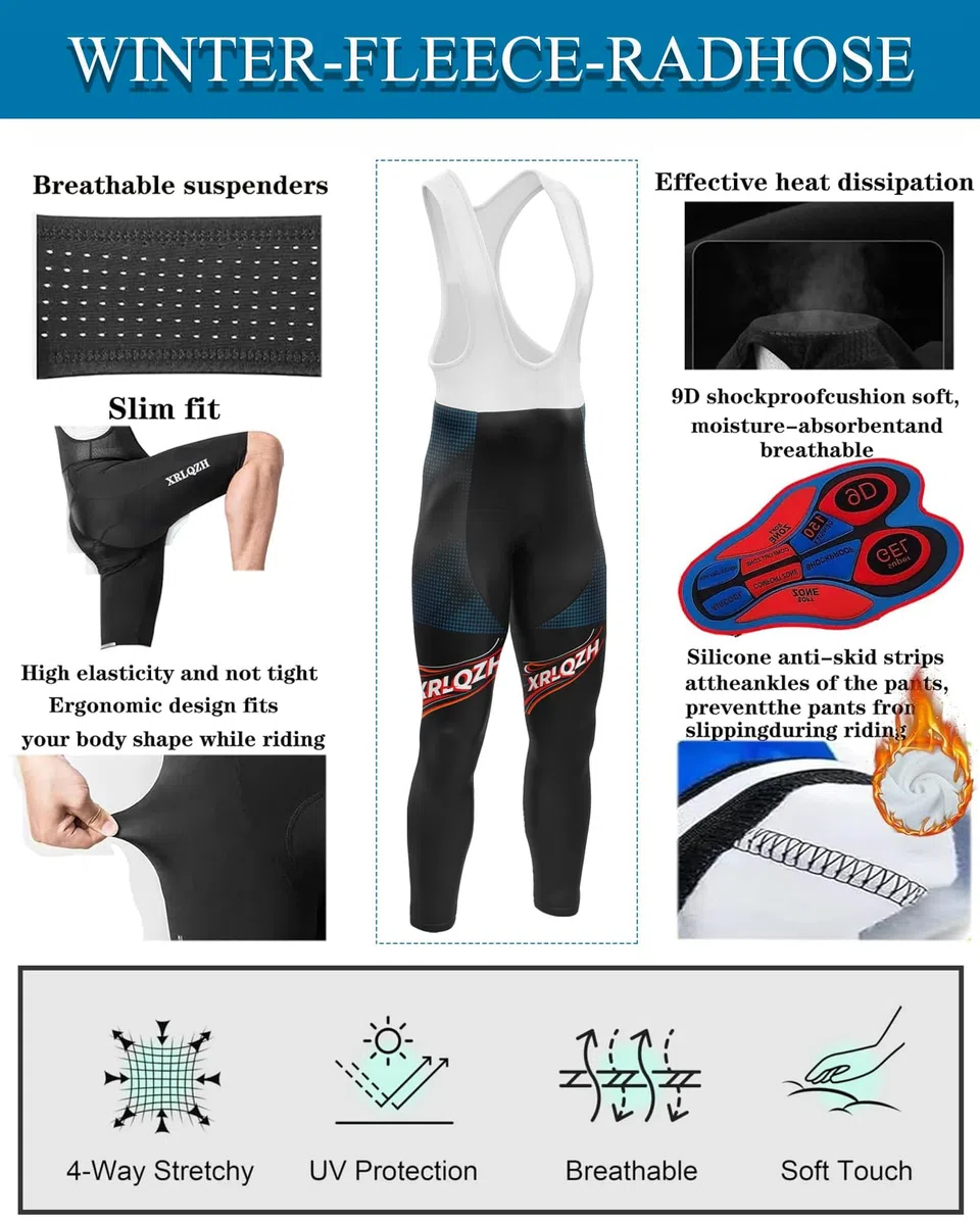 Vêtements De Cyclisme Hommes d'hiver Vêtements Cyclisme Vélo Polaire Maillot Ensemble,Maillot De Velo VTT Manche Longue Jersey Et Pantalon à Bretelle