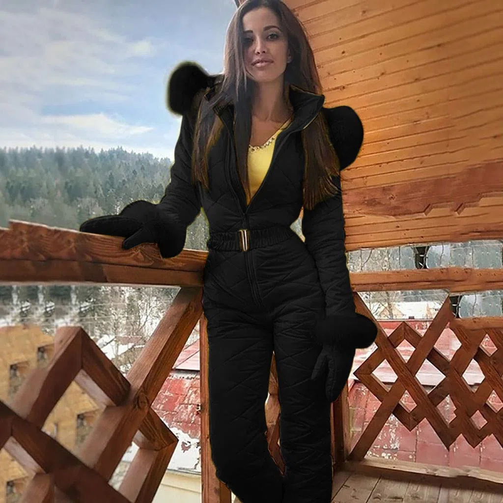 Tomwell Combinaison de Ski Femmes Hiver Couleur Unie Chaud Peluche Capuche Overall Neige Sports De Plein Air Zipper Ski Suit Imperméable Jumpsuit