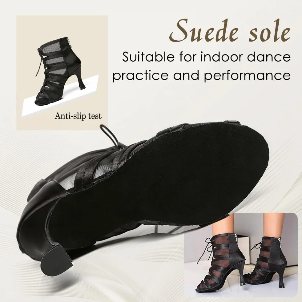 Bottes de Danse Latine Femme Bachata à Lacets Bout Ouvert Chaussure de Danse de Salon Salsa avec Talon de 8,5 cm Semelle en Daim