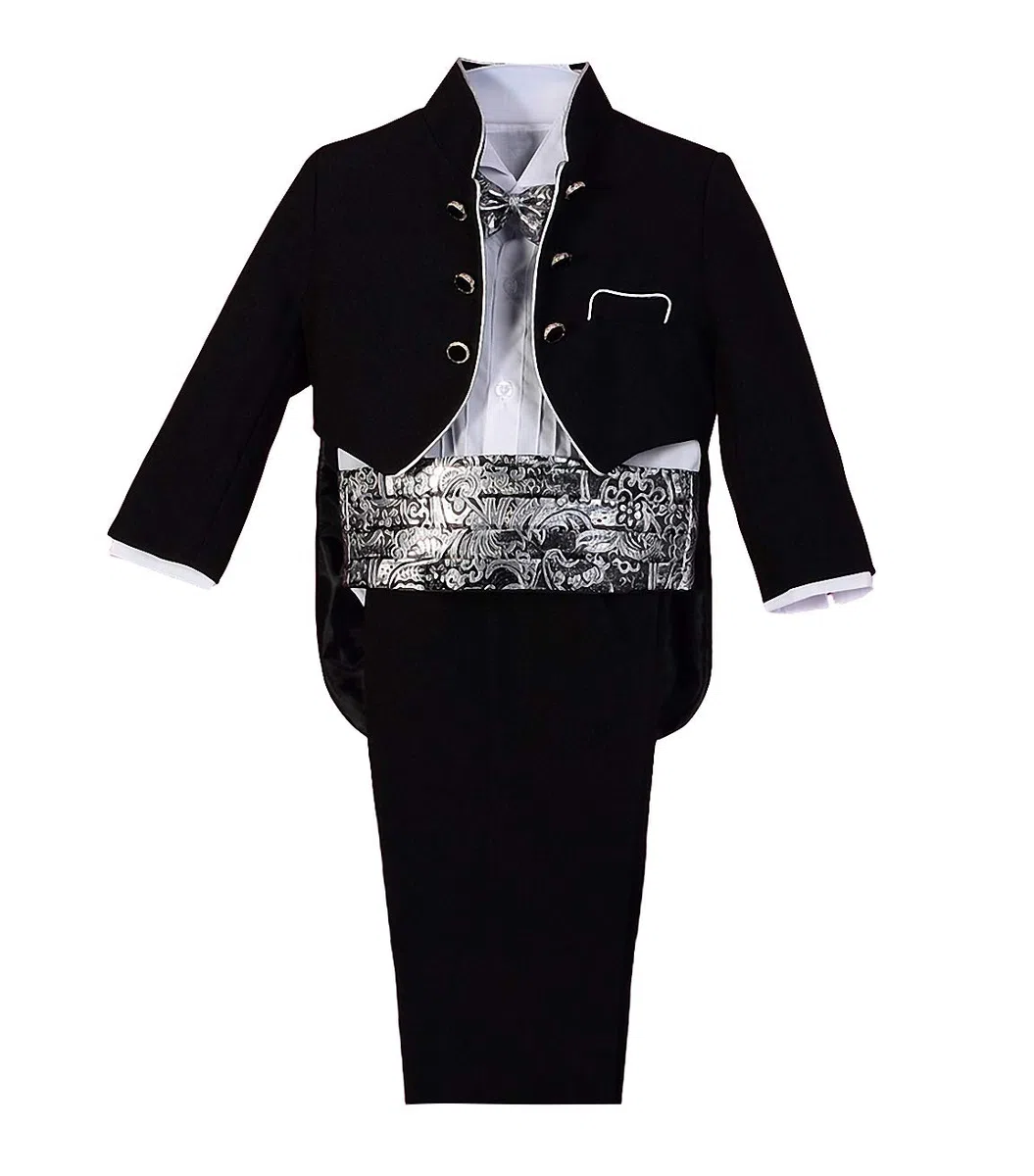 Lito Angels Ensemble 5 Pieces Smoking pour Bebe Garcon, Costume de Mariage Ceremonie Bapteme avec Cummerbund et Noeud Papillon Jacquard Argent, Noir/Blanc