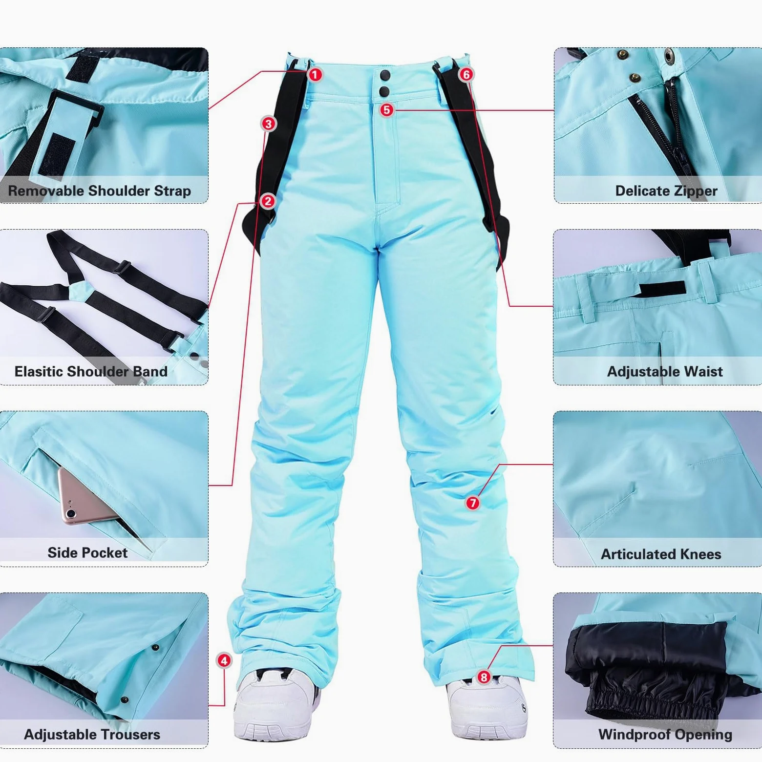 ALSOGO Ensemble veste de ski et pantalon de ski pour femme - 2 pièces - Combinaison de neige imperméable et chaude - Veste d'hiver avec capuche amovible pour le ski, le snowboard, la neige - Pantalon