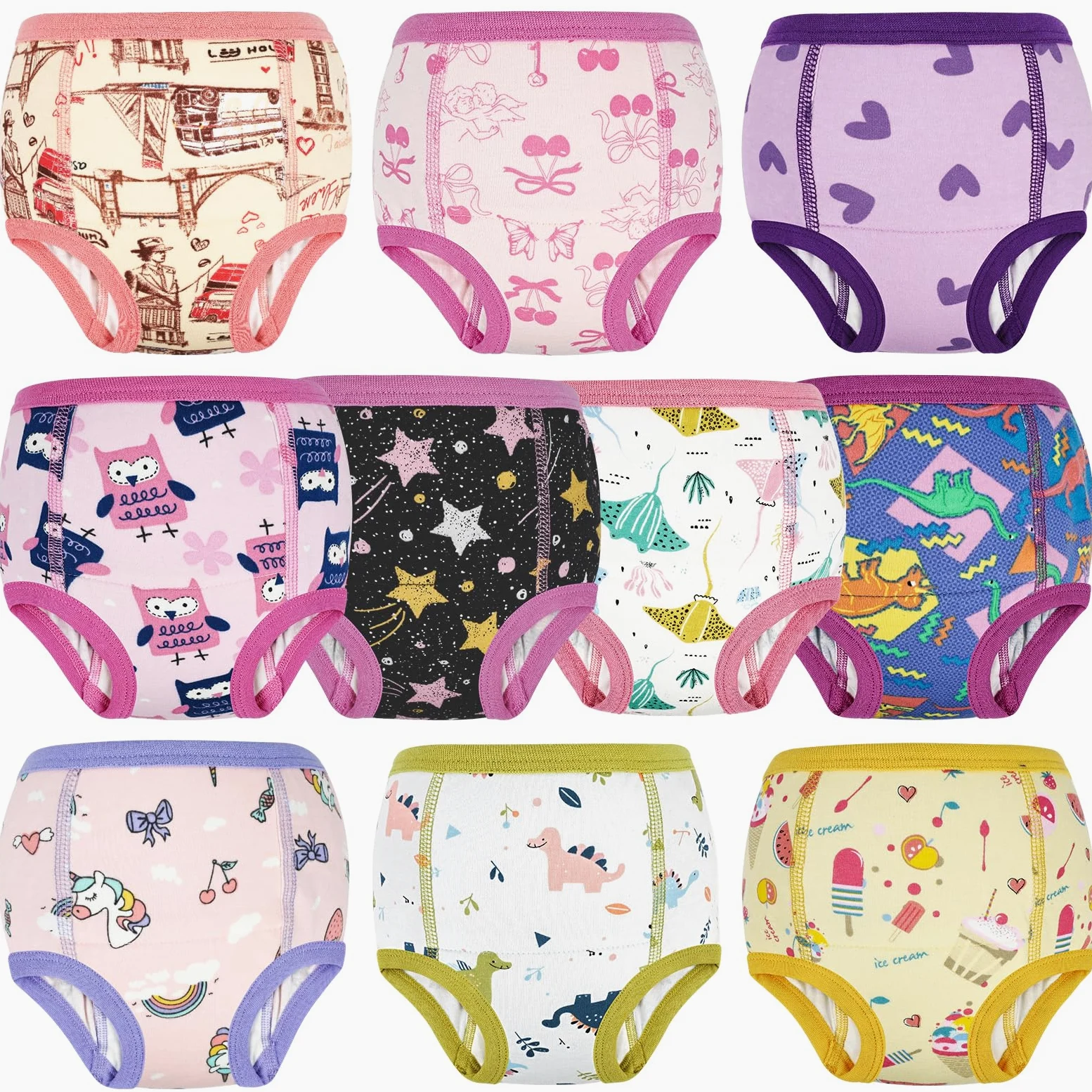 FLYISH DIRECT Culottes d'apprentissage pour Filles et Garçons 100% coton, Absorbantes Culottes Enfant Apprentissage, Anti-fuite, Réutilisables, Lot de 10, Rose Violet, 2 ans