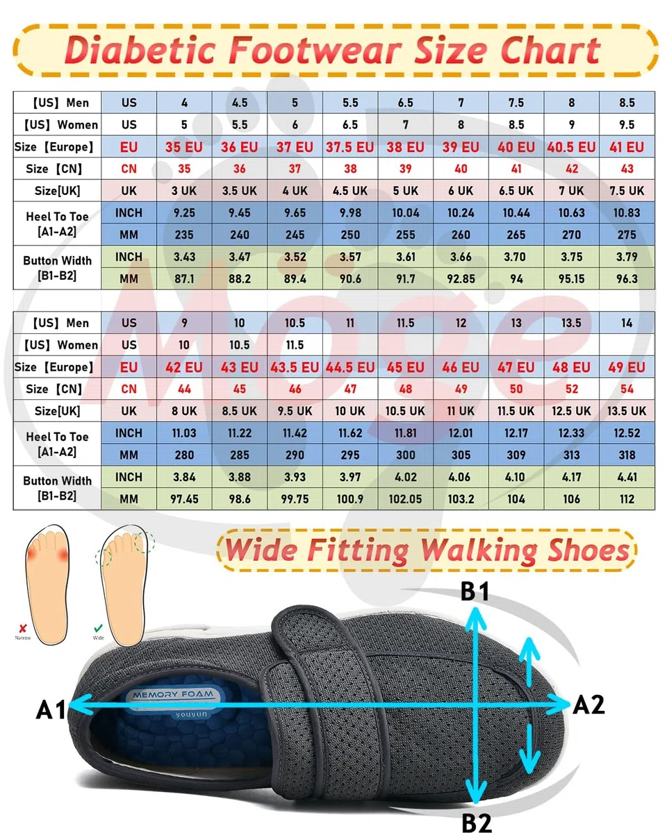 Chaussure Femme Pied Extra Large, Chaussures fermées pour Hommes et Femmes Chaussures réglables pour diabétiques de santé Confortables Chaussures Larges Douces pour diabétiques