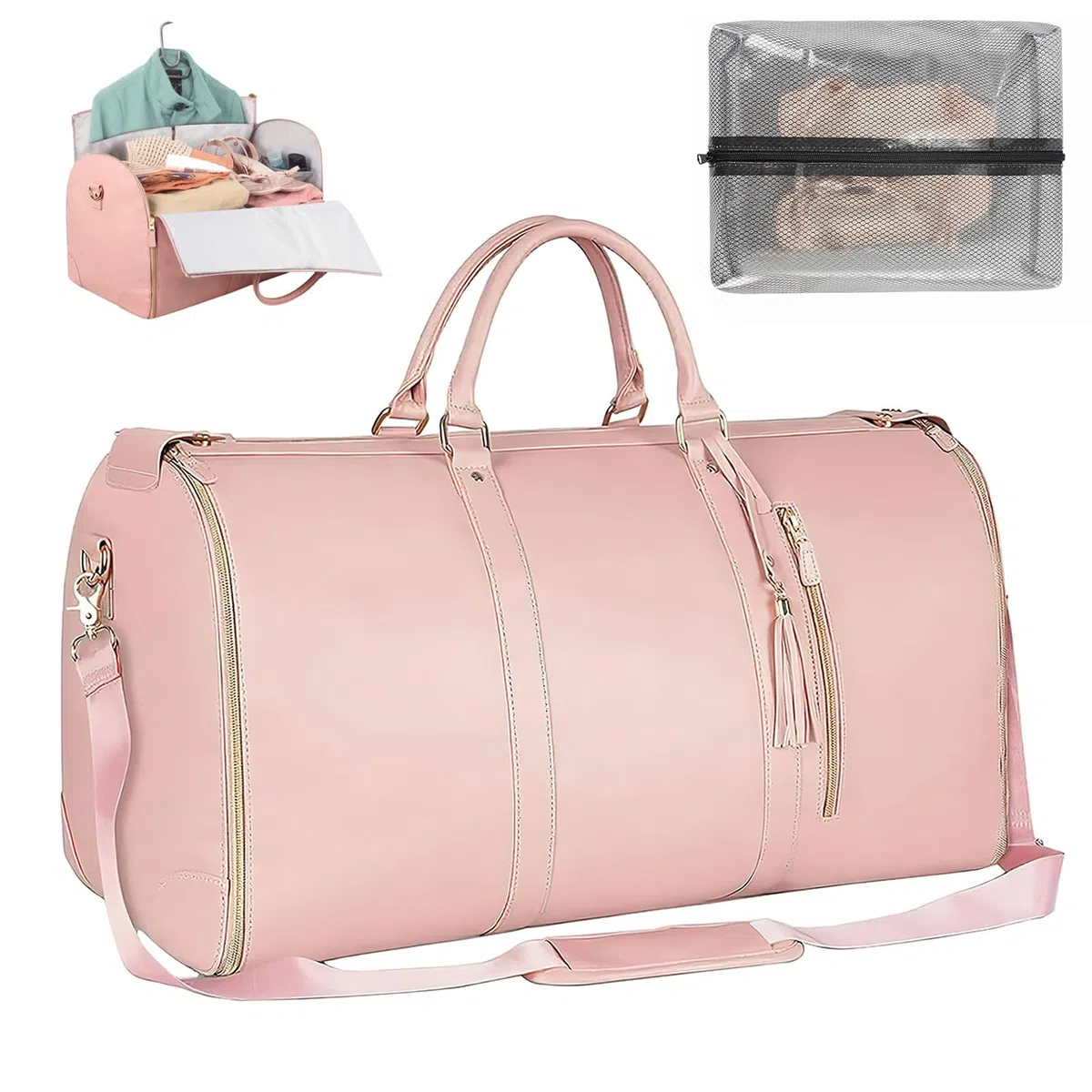 Sac de Voyage Convertible, 2 en 1 Housses Vêtements à Suspendre Sac de Voyage avec Compartiment à Chaussures pour Femme, Valise à Suspendre avec Bandoulière en Cuir PU, Rose