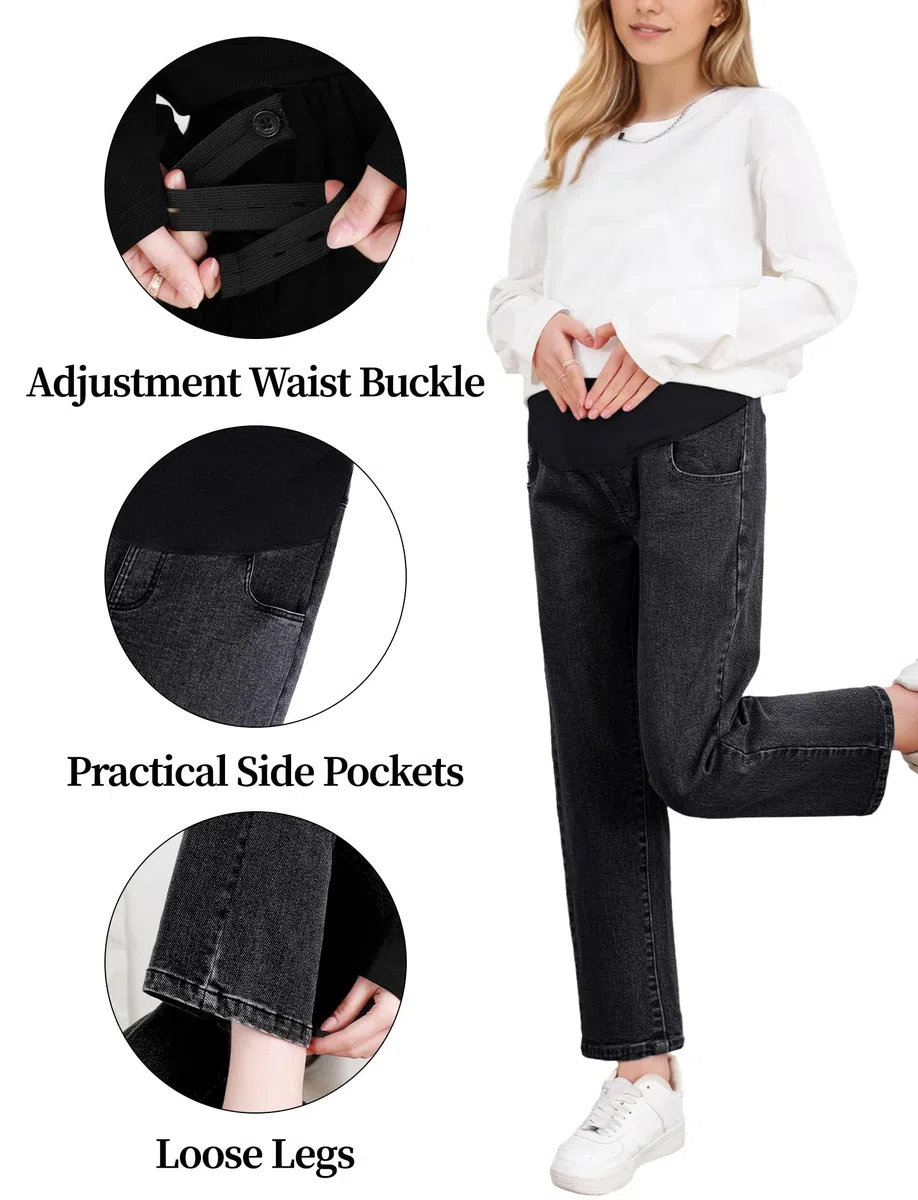 FEOYA Schwangerschaftsjeans Damen Umstandsjeans Umstandshosen Jeans mit weitem Bein Freizeitjeans Jeanshosen mit Taschen für Schwangere