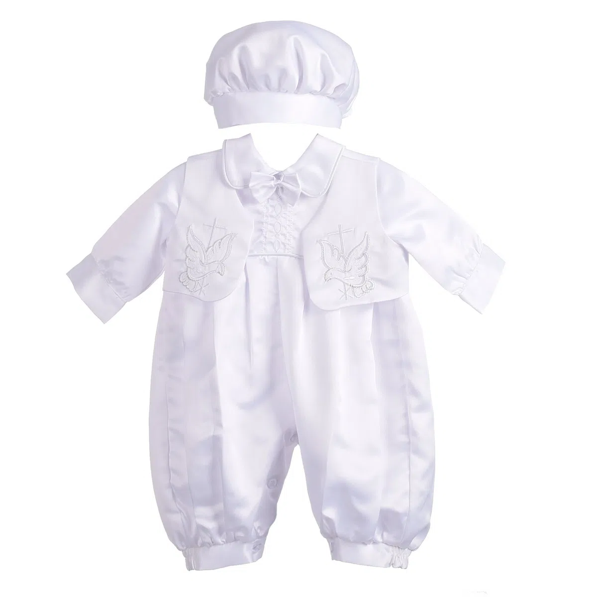 Lito Angels Barboteuse Robe Bapteme en Satin pour Bebe Fille Garcon, Body Manche Longue avec Gilet et Bonnet, Taille 0-18 Mois, Blanc