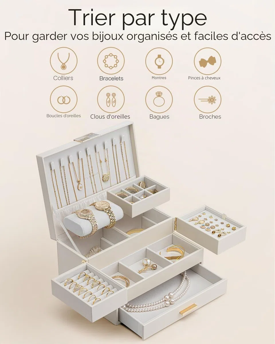 VLANDO Boîte à bijoux grande pour femmes - Organisateur de bijoux avec plateau coulissant - Boîte à bijoux avec tiroir pour colliers, bagues, bracelets, boucles d'oreilles - Pour mères et filles