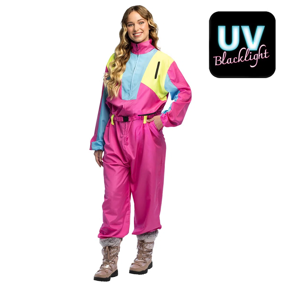 Boland – Combinaison de ski rétro rose, brille sous la lumière noire, costume des années 80 pour femmes, tenue pour soirée après-ski, combinaison pour costumes de carnaval