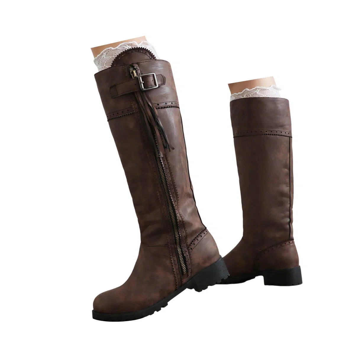 Bottes d'équitation pour femme - Bottes longues avec fermeture éclair et boucle - Bout rond - Franges - Bottes hautes élégantes - Automne Hiver - Vintage