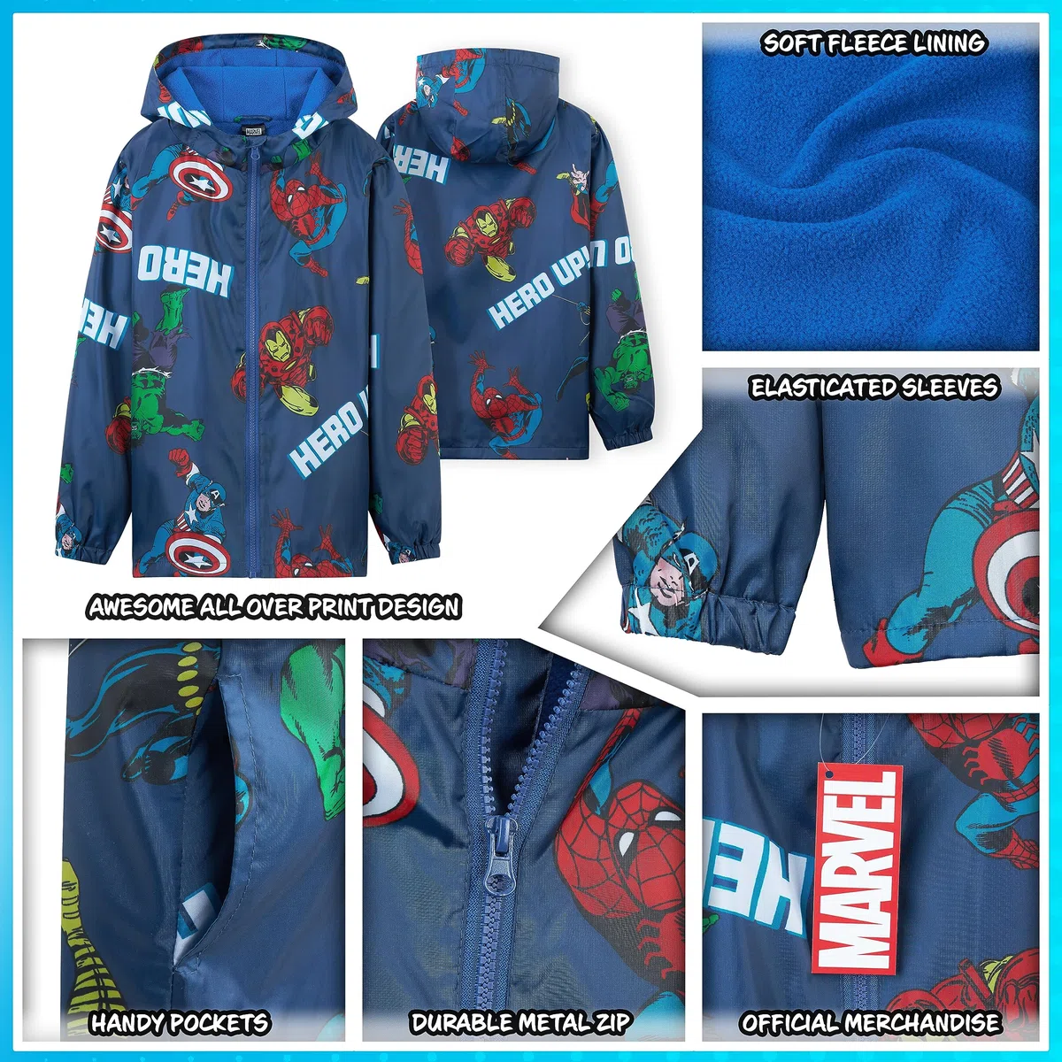 Marvel Veste de Pluie Enfant Impermeable Doublure Polaire 4-14 Ans Spiderman Avengers