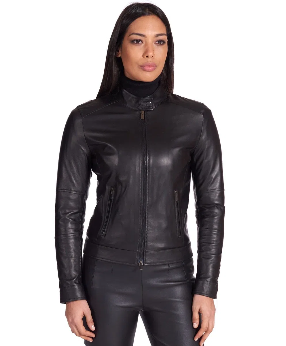 D'Arienzo Veste en Cuir Italien Agneau Femme Noir Véritable Motard Made in Italy Linda