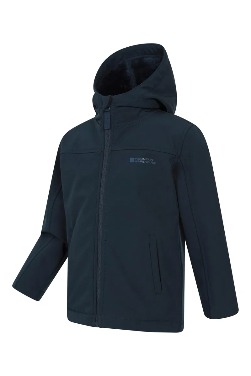 Mountain Warehouse Arctic Kids Veste Softshell doublée de borg, veste de pluie imperméable avec poches et protège-menton, garçons et filles, automne hiver, plein air et randonnée