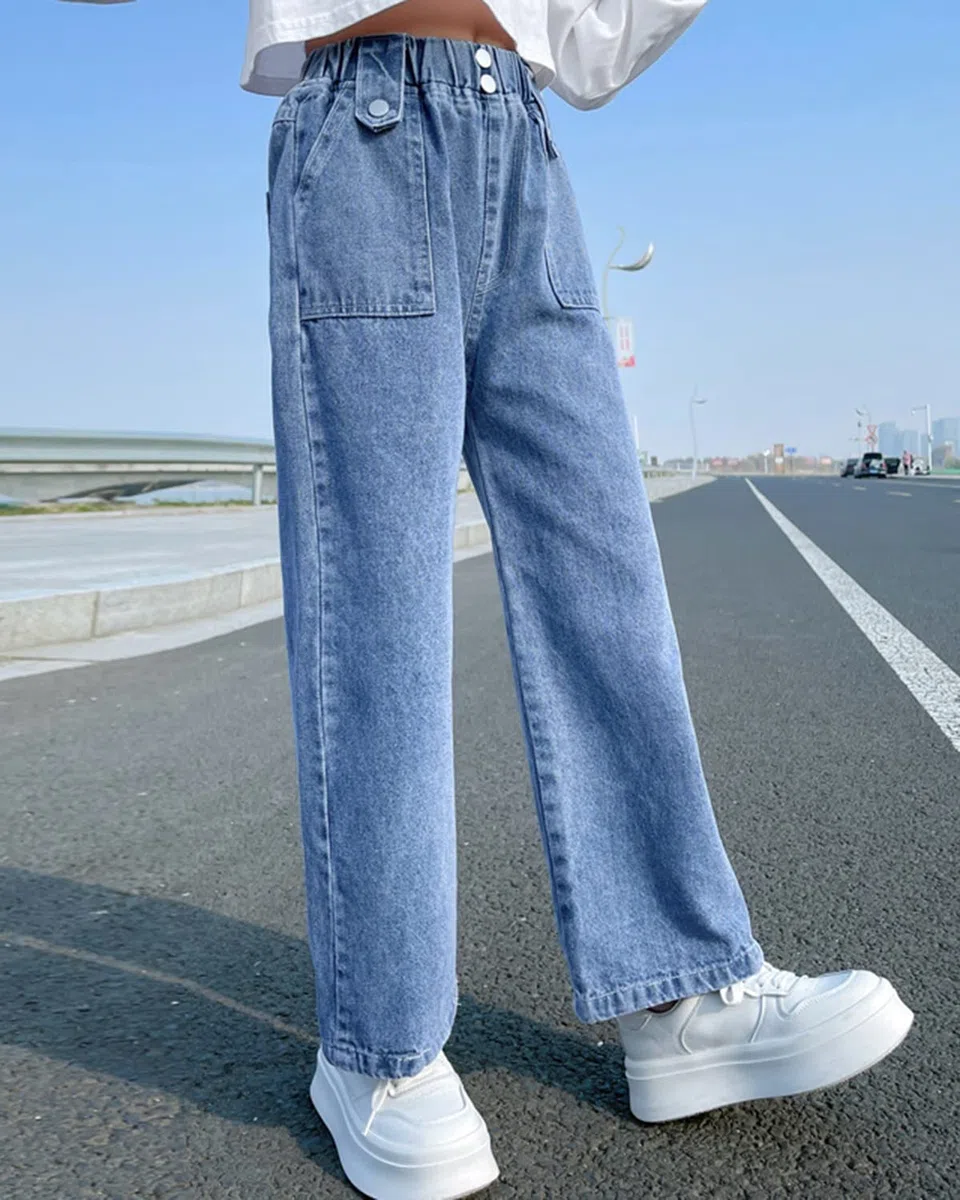 Rolanko Jeans Baggy pour Filles Pantalon en Denim Patchwork à Taille Élastiquée