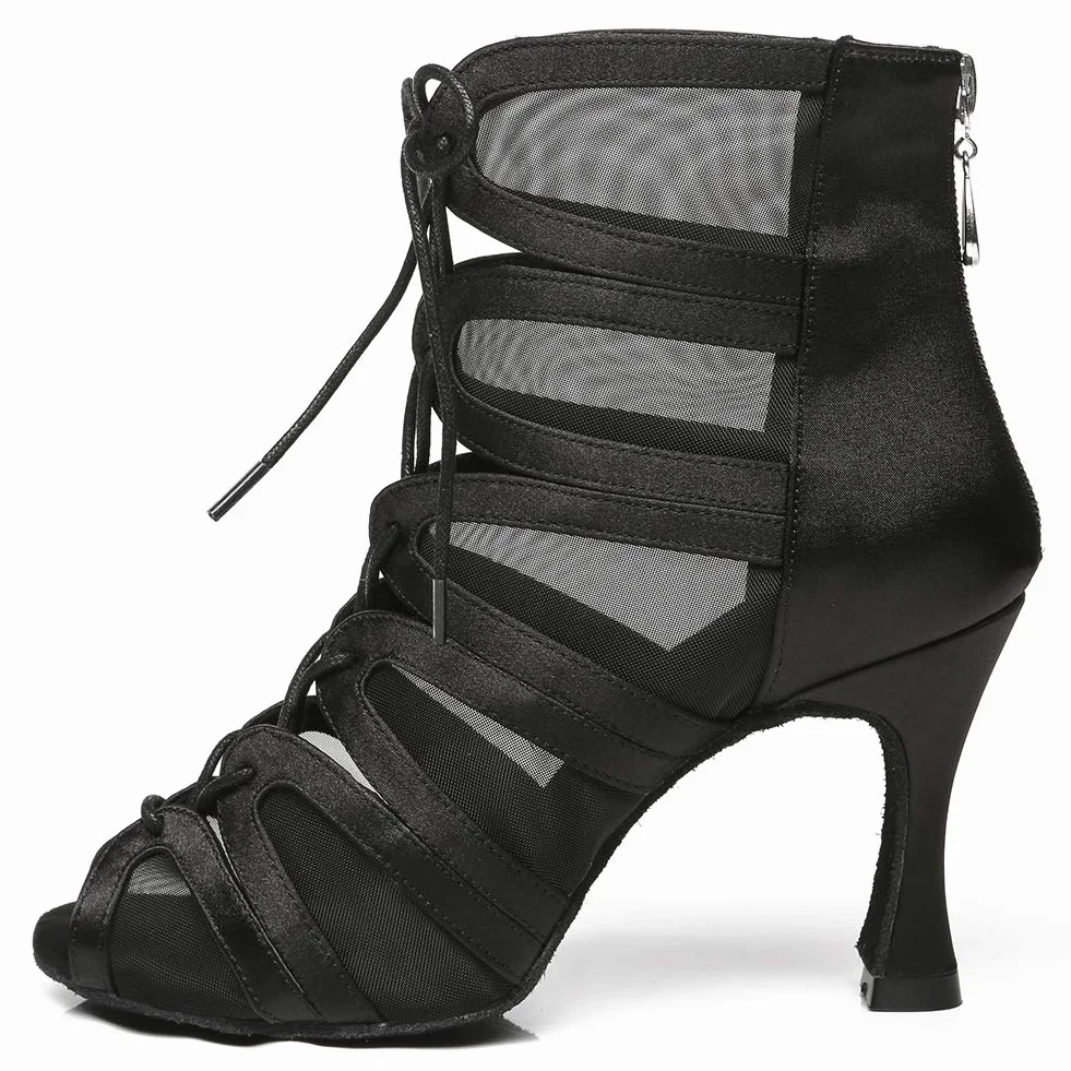 Bottes de Danse Latine Femme Bachata à Lacets Bout Ouvert Chaussure de Danse de Salon Salsa avec Talon de 8,5 cm Semelle en Daim