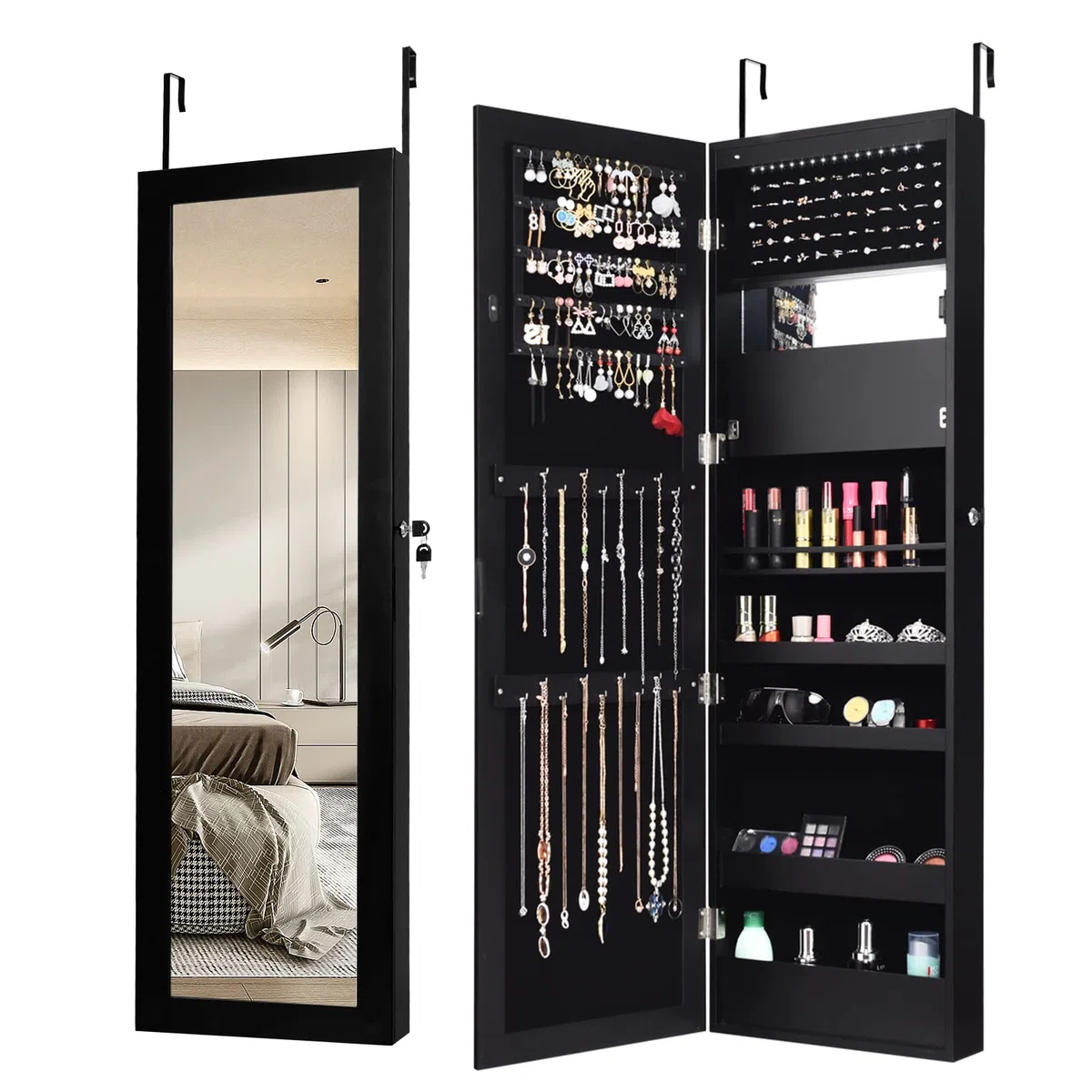 COSTWAY Armoire à Bijoux Murale avec Miroir 12 LED, Meuble de Rangement Verrouillable Pleine Longueur, Organisateur de Bijoux avec Étagères de Rangement, Style Scandinave, Noir
