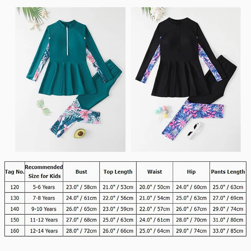 IMEKIS Muslim Swimwear for Girls Islamic Burkini Long Sleeve Rash Guard Swimming Top with Swim Pants 2pcs Tankinis Swimsuit Kids Modest Bathing Suit