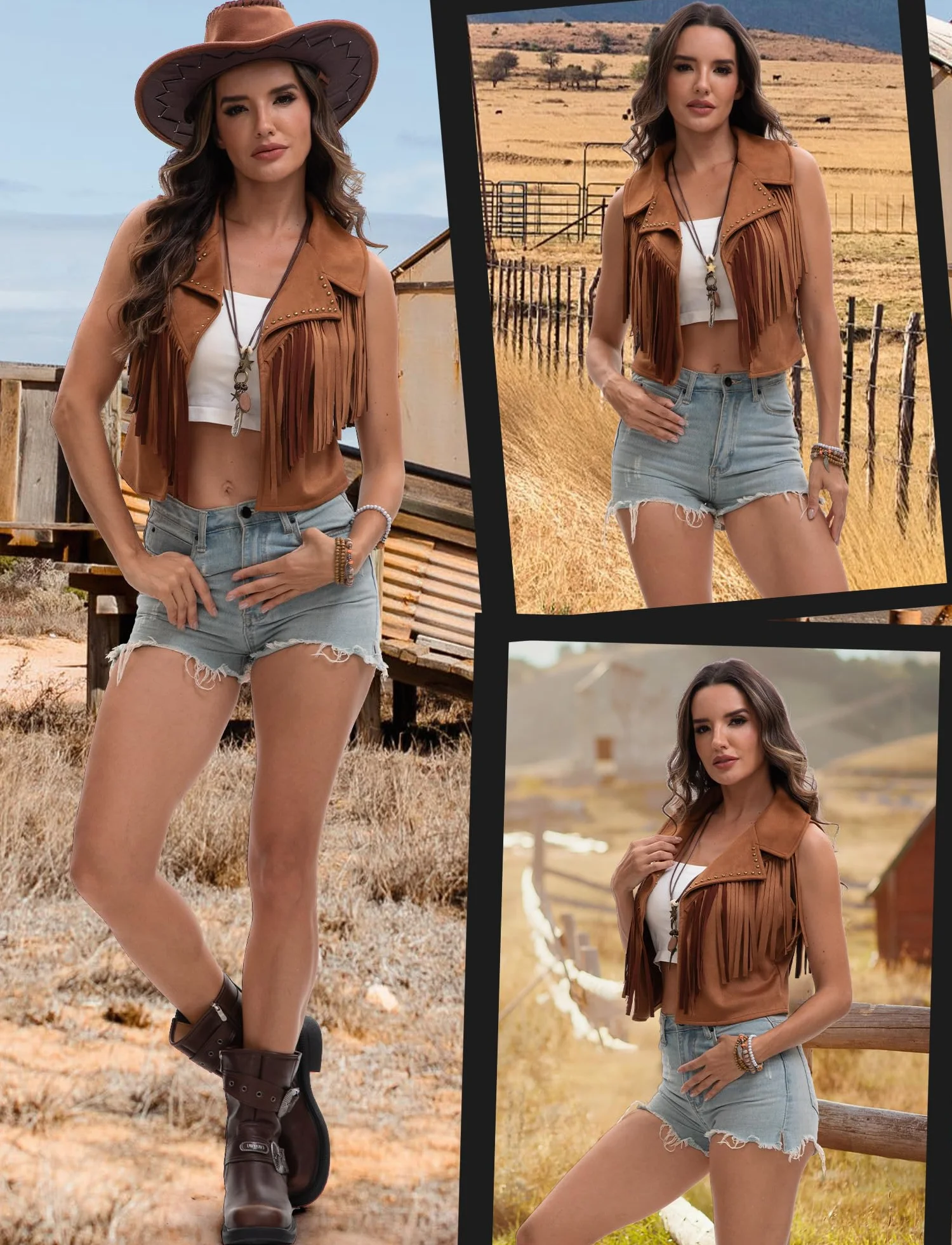 Gilet femme Gilet Hippie en Daim Synthétique Veste Vintage Sans Manches Vestes Courtes Élégantes à Franges Cardigan Cowgirl Western