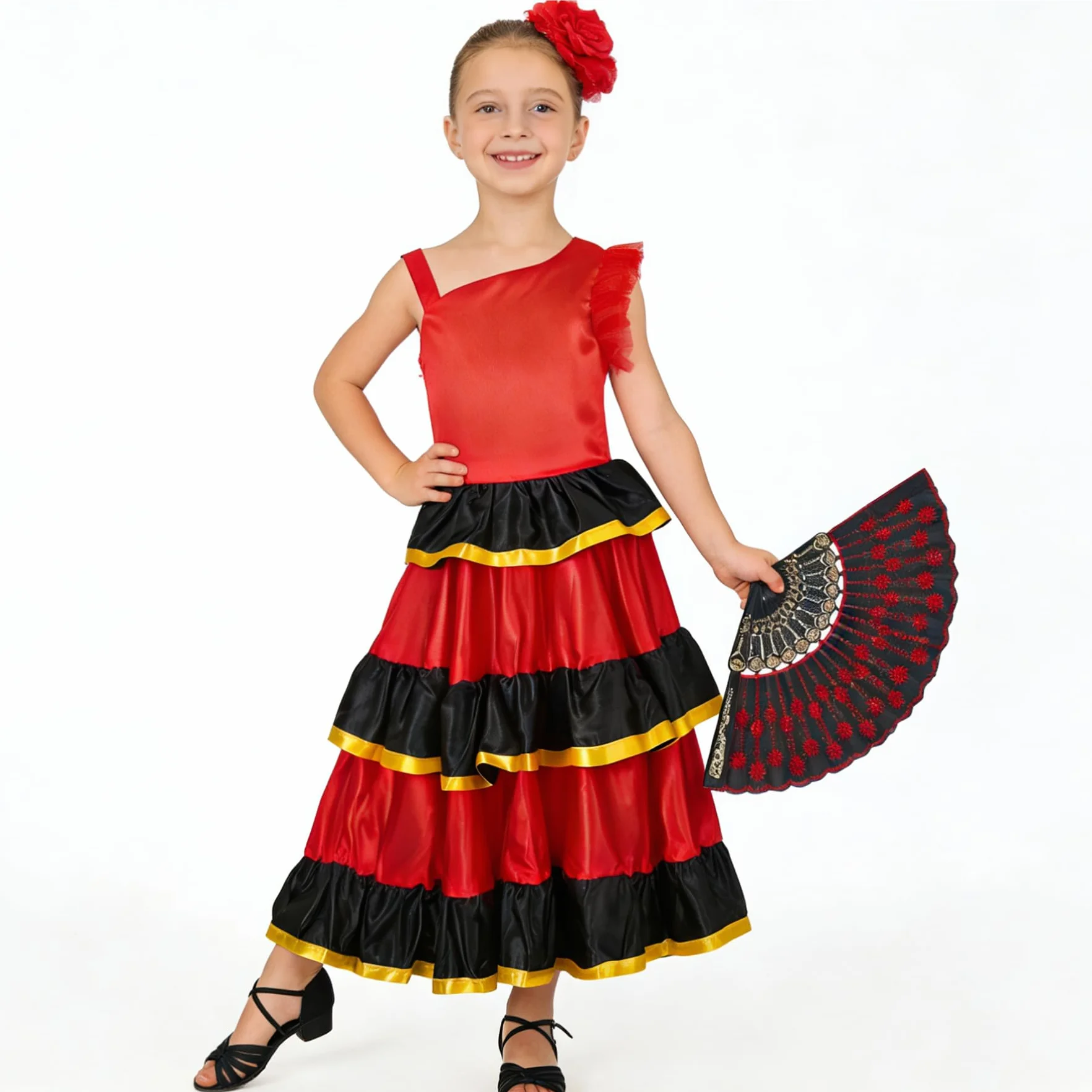 LOLANTA Robe Flamenco à Volants pour Fille, Style Sevillana Espagnol, avec Fleur Rouge et Éventail, 5-13 Ans