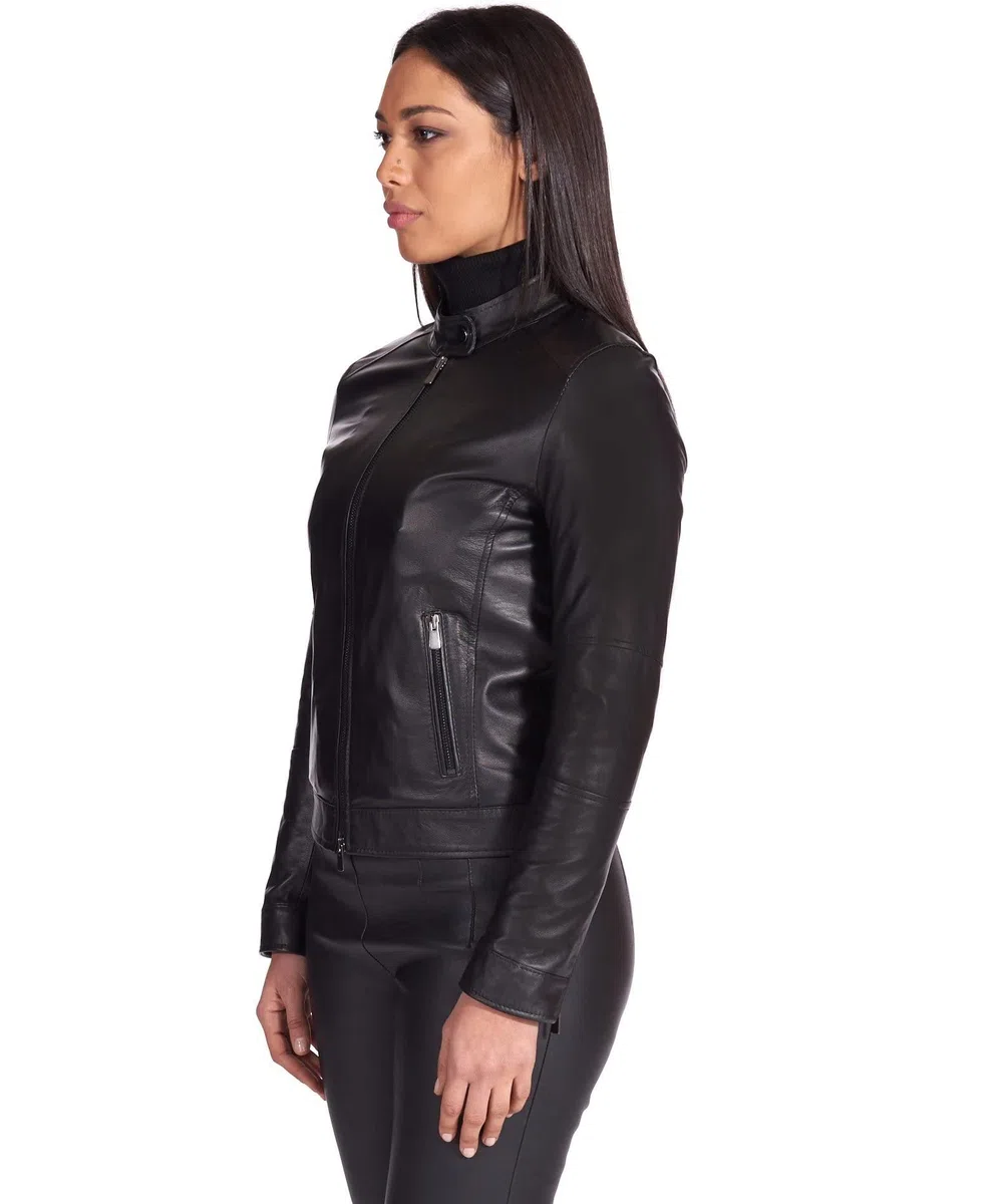 D'Arienzo Veste en Cuir Italien Agneau Femme Noir Véritable Motard Made in Italy Linda