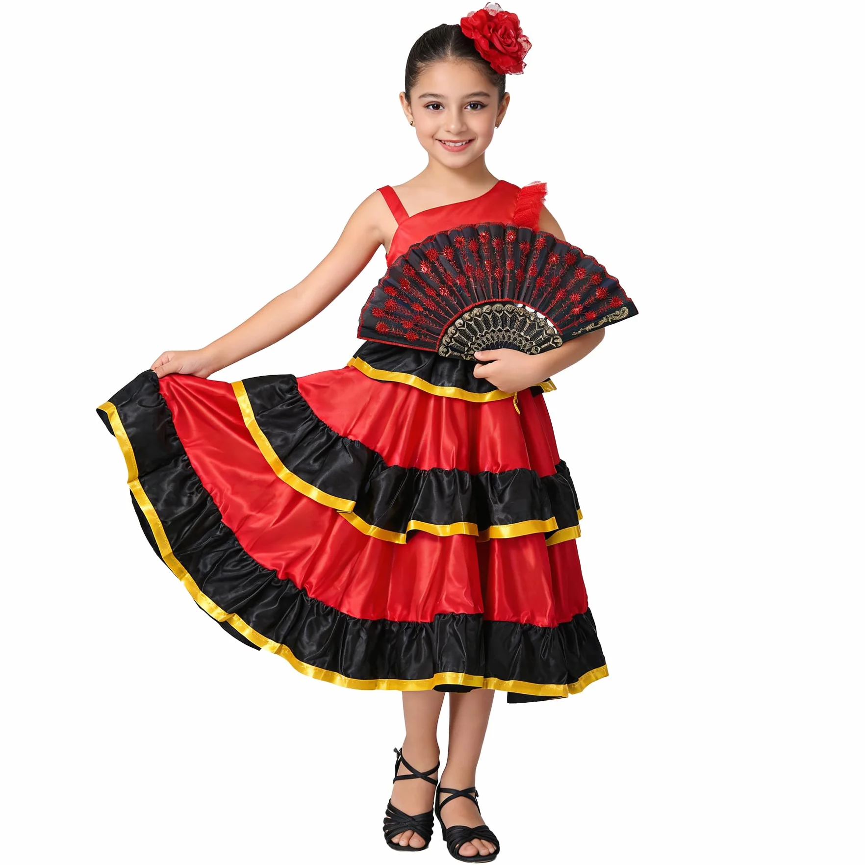 LOLANTA Robe Flamenco à Volants pour Fille, Style Sevillana Espagnol, avec Fleur Rouge et Éventail, 5-13 Ans