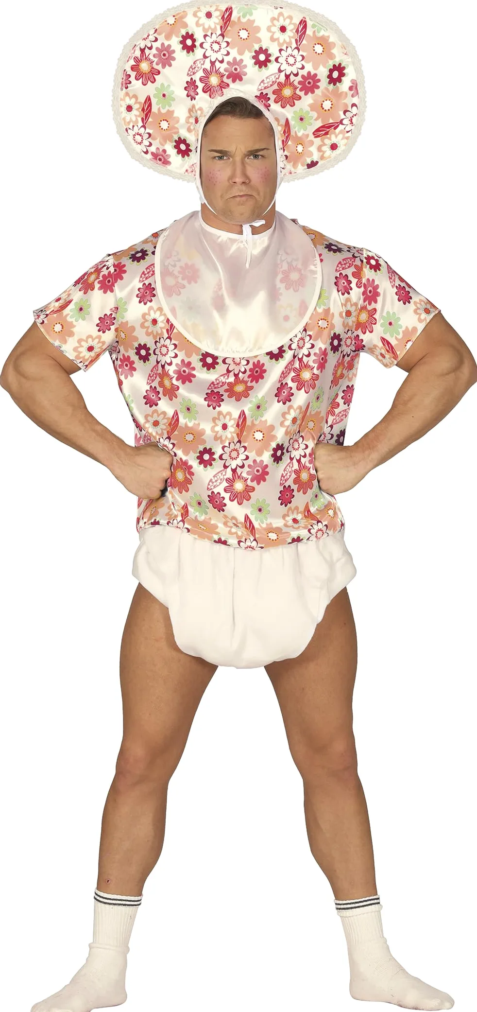 FIESTAS GUIRCA | Costume de Bebé Adulte - Bavoir, T-shirt, Coiffe et Couche - Enterrement de Vie de Garçon, Fêtes Déguisées et Célébrations - Idéal pour Homme Adulte - Blanc et Multicolore