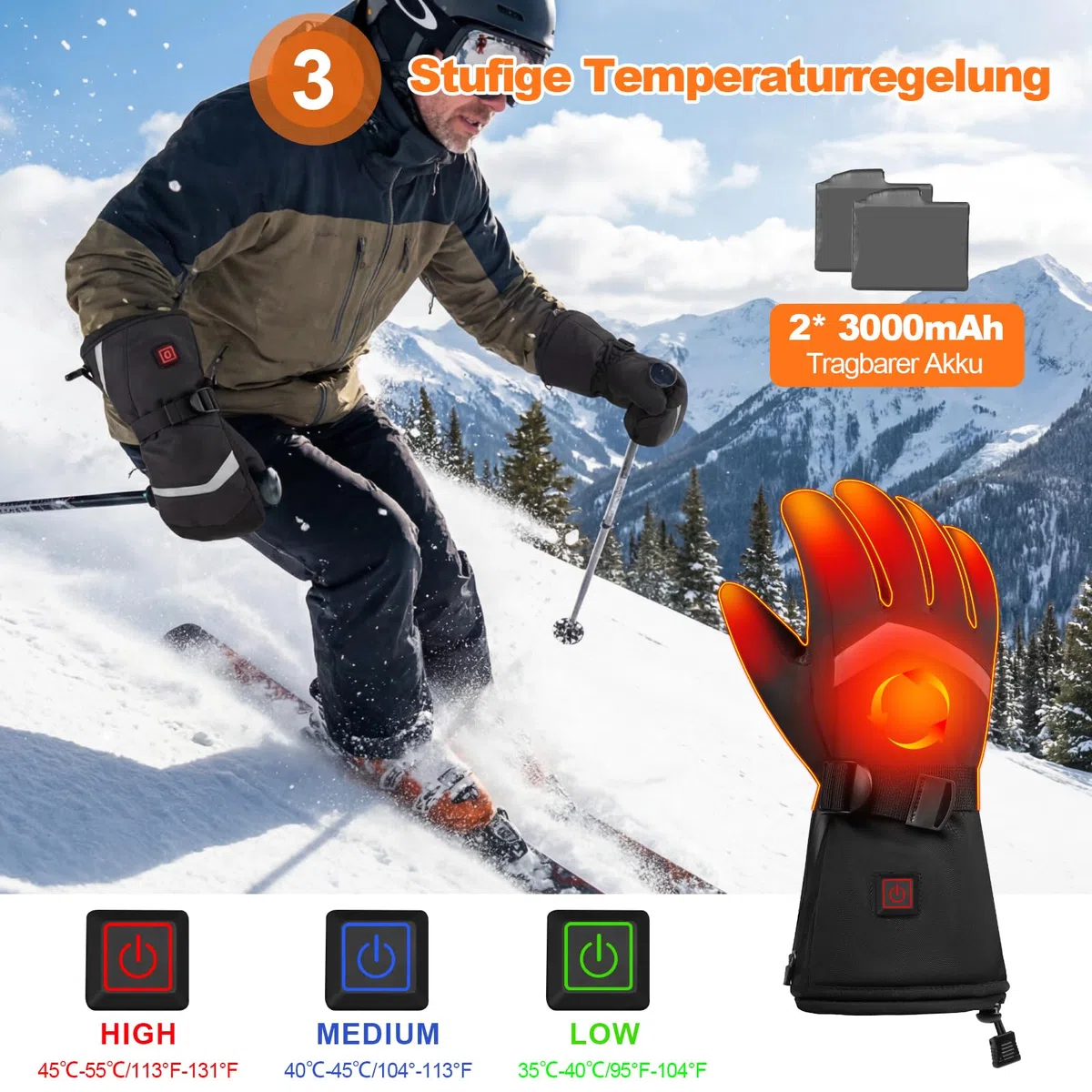 Gants Chauffants Rechargeables Homme Femme, 3 Températures Réglables Tactile Imperméable, Gants Chauffants pour Ski Moto Randonnée Hiver, Taille M/L/XL