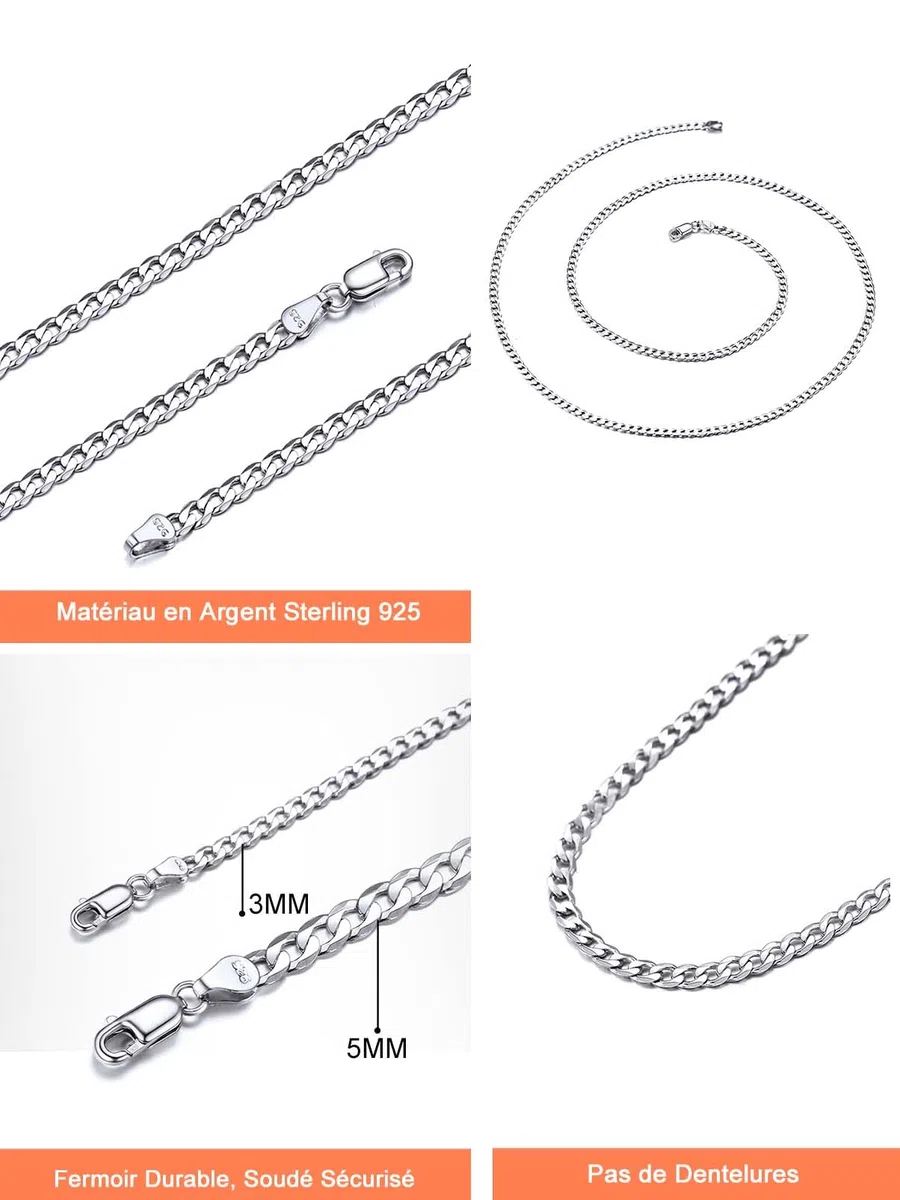 Silvora Collier Chaine en Argent Massif Homme Chaîne Femme 3MM/5MM Argent Sterling 925 Collier Maille Cubain/Figaro Longueur[36/46/51/55/61/66/71cm] Bijoux Cadeau Noël Fêtes Pères Mères
