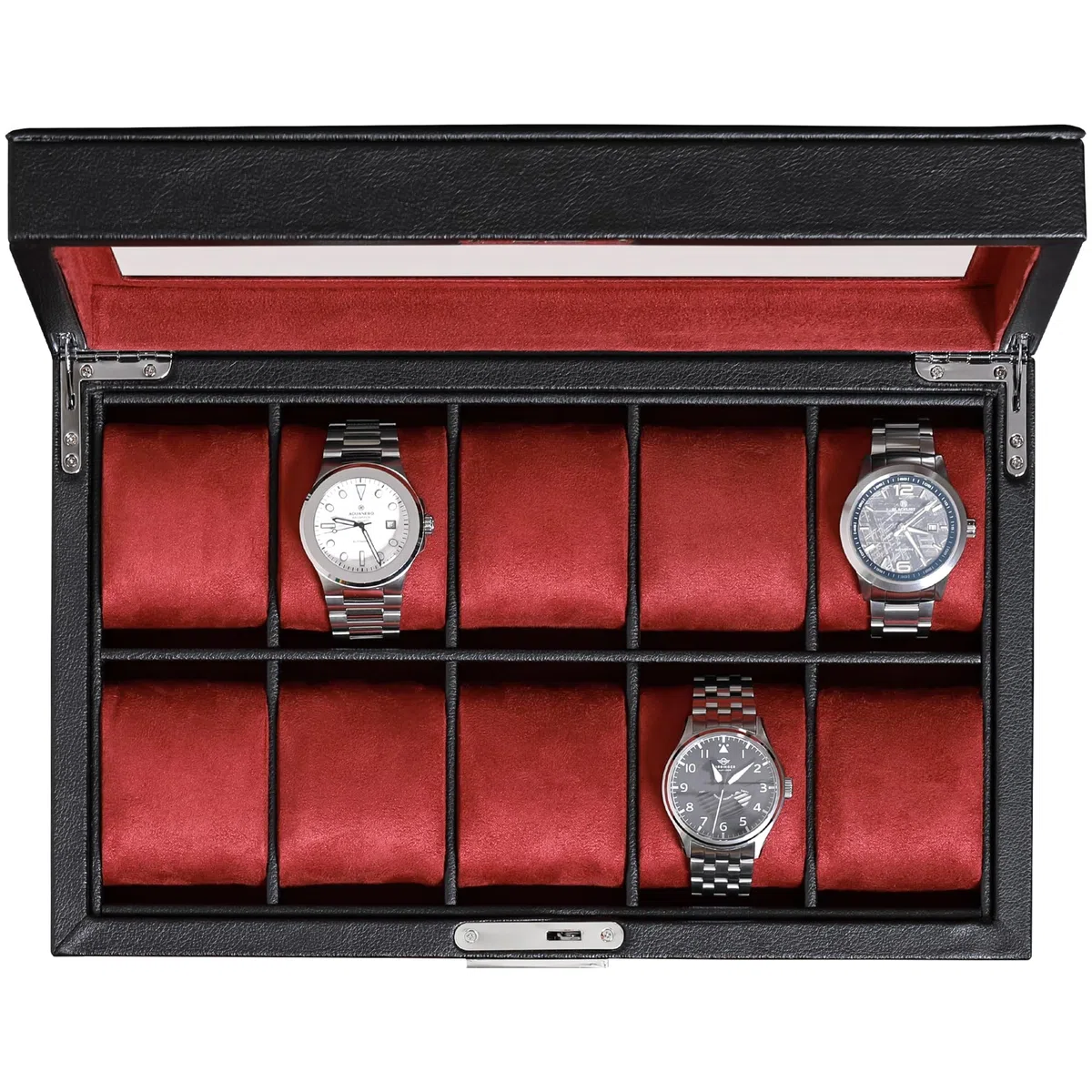 ROTHWELL Boîte à montres en cuir à 10 emplacements – Ecrins pour montres de luxe avec doublure en microsuède ultra douce, support verrouillable avec grand plateau en verre (Noir/Rouge)