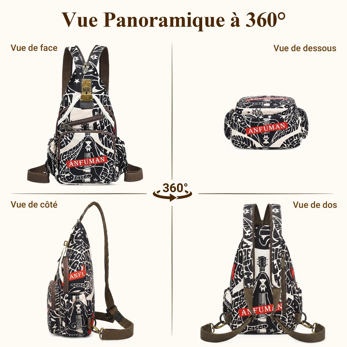 Mode Sac à Dos Femmes Décontracté Anti-vol Sac De Poitrine Rétro Messager Sacs À Bandoulière Voyage Travail Achats Fête Sling Sac D'épaule Nylon Sport Imprimé Sacs à Dos Noir B
