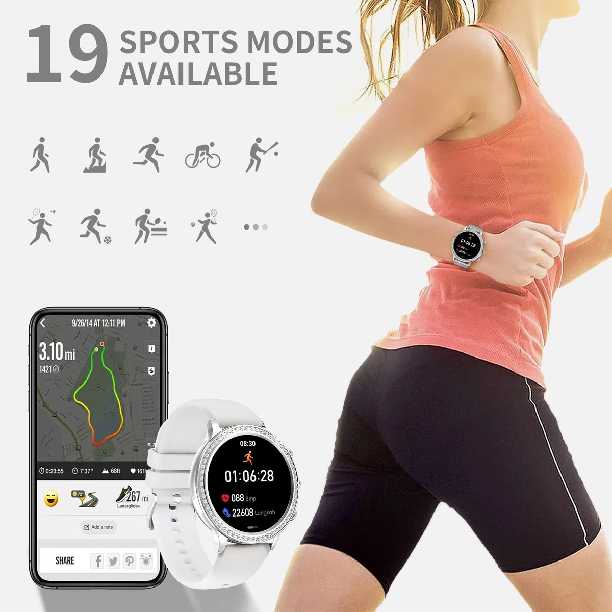 Montre Intelligente pour Femme, élégante avec Appel et Assistant Vocal, Tracker de Fitness étanche avec 20 Modes Sportifs pour Android et iOS