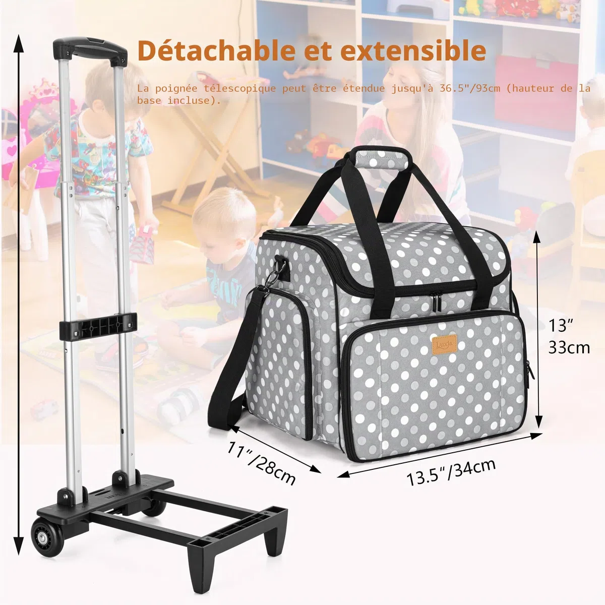Luxja Sac à roulettes pour Professeur avec Plusieurs Poches et Coussin de Soutien Inférieur, Sac de Transport pour Enseignant avec Chariot Détachable (Brevet de Conception), Pois Gris
