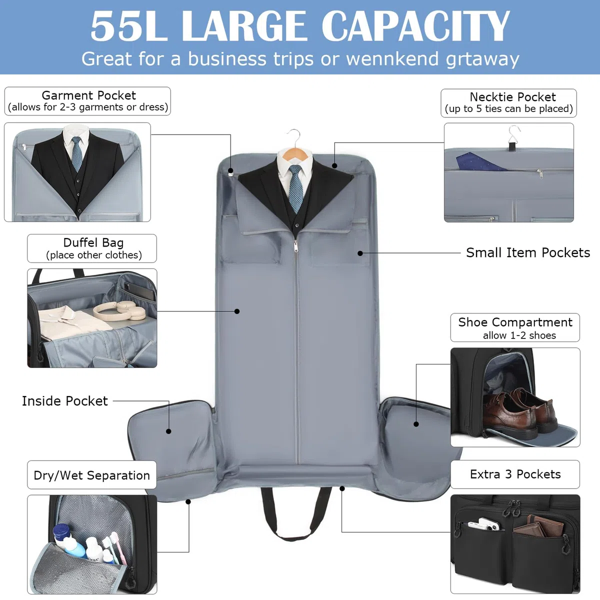 Sac à vêtements convertible unisexe pliable 2 en 1 Sac de voyage Bagage à main pour affaires, sport, week-end