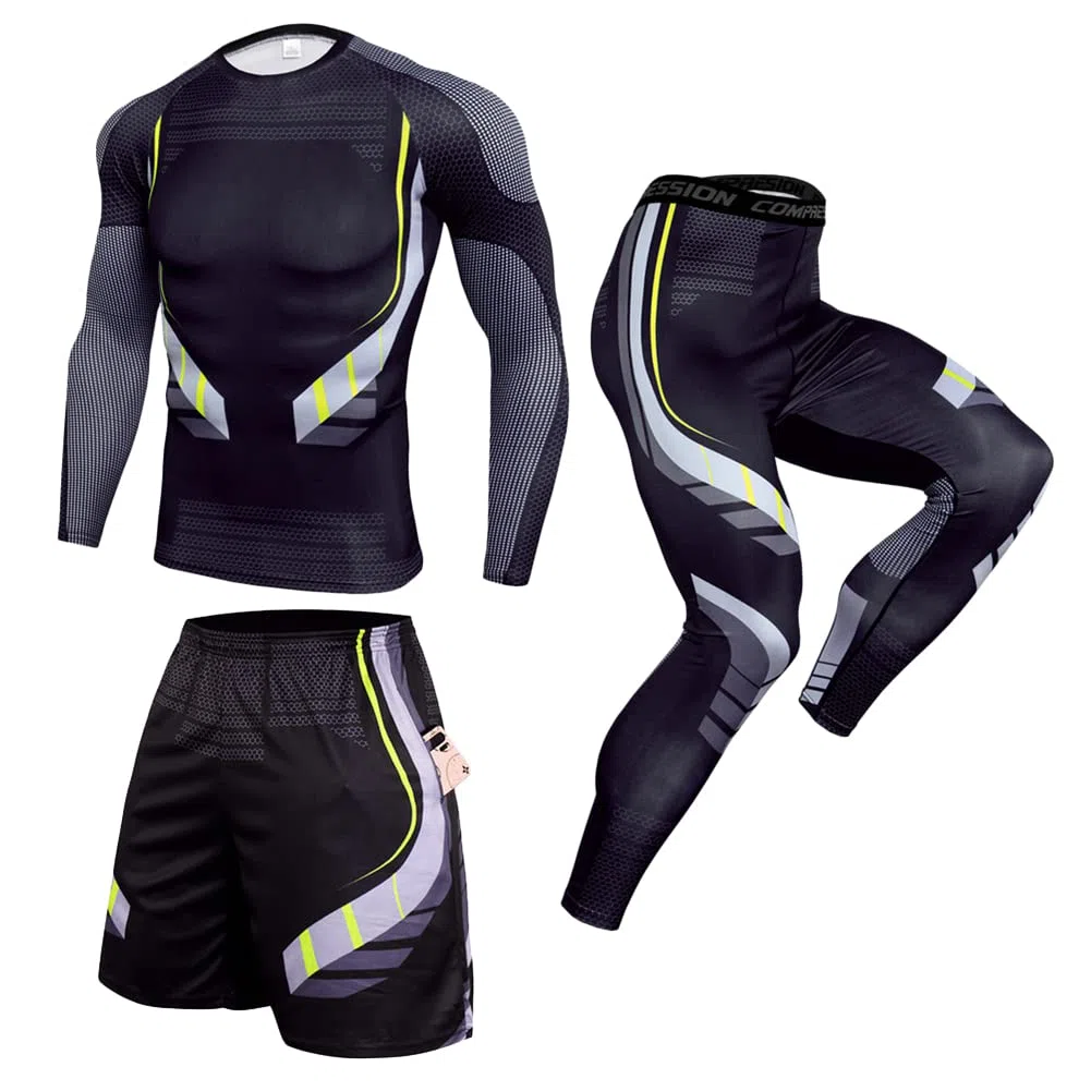 Ensemble de Vêtements de Sport pour Homme 3 Pièces Ensemble de Compression Tenue Sport Fitness Base Layer Maillot Manches Longues + Pantalon Collant + Shorts