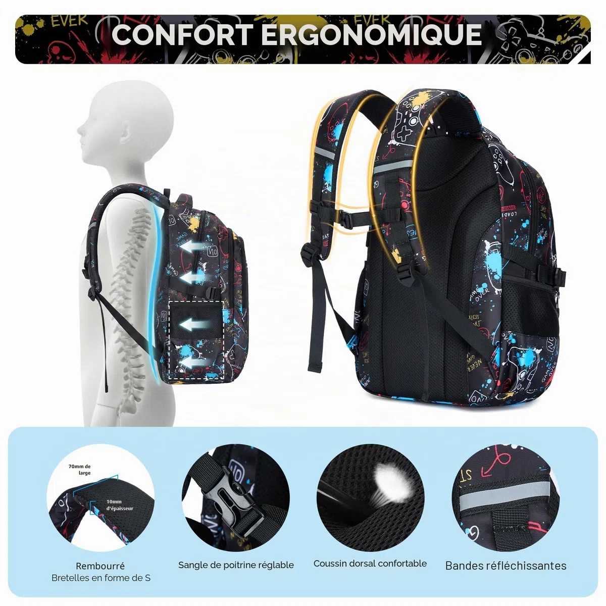 Amythe Cartable Garçon Primaire - Sac à Dos Garçon Collège Lumineux Nocturne avec Compartiment 15.6“ Pc, Ergonomique, Grand Sac D'école Loisirs Imperméable pour Ados 9-16 ans