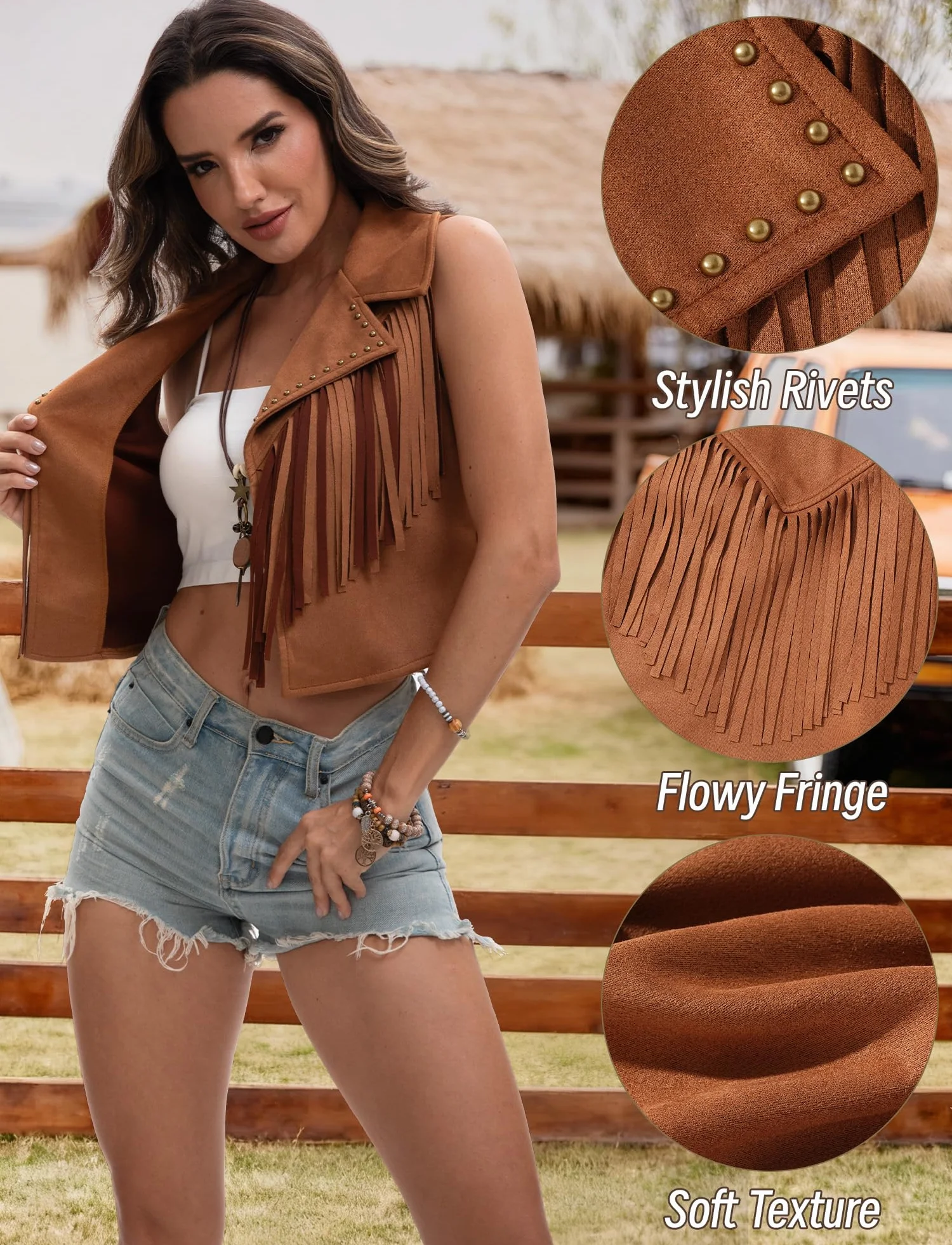 Gilet femme Gilet Hippie en Daim Synthétique Veste Vintage Sans Manches Vestes Courtes Élégantes à Franges Cardigan Cowgirl Western