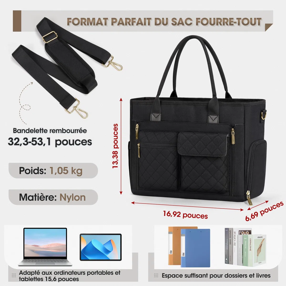RAINSMORE Sac Enseignant Sac Ordinateur Femme 15,6 Pouces avec Compartiment Isotherme Grand Sacoche Cabas de Travail pour Infirmière Bureau Université Noir