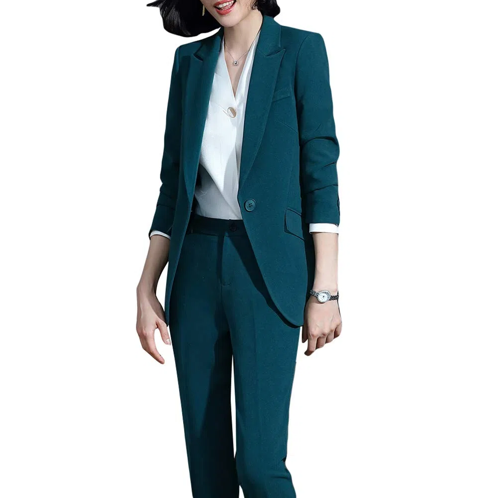 YFFUSHI Tailleur Femme 2 Pièces Elegant Veste Formel Slim Fit Blazer Bureau Travail Pantalon Costumes Revers Manteau Ensemble de Couleur Unie