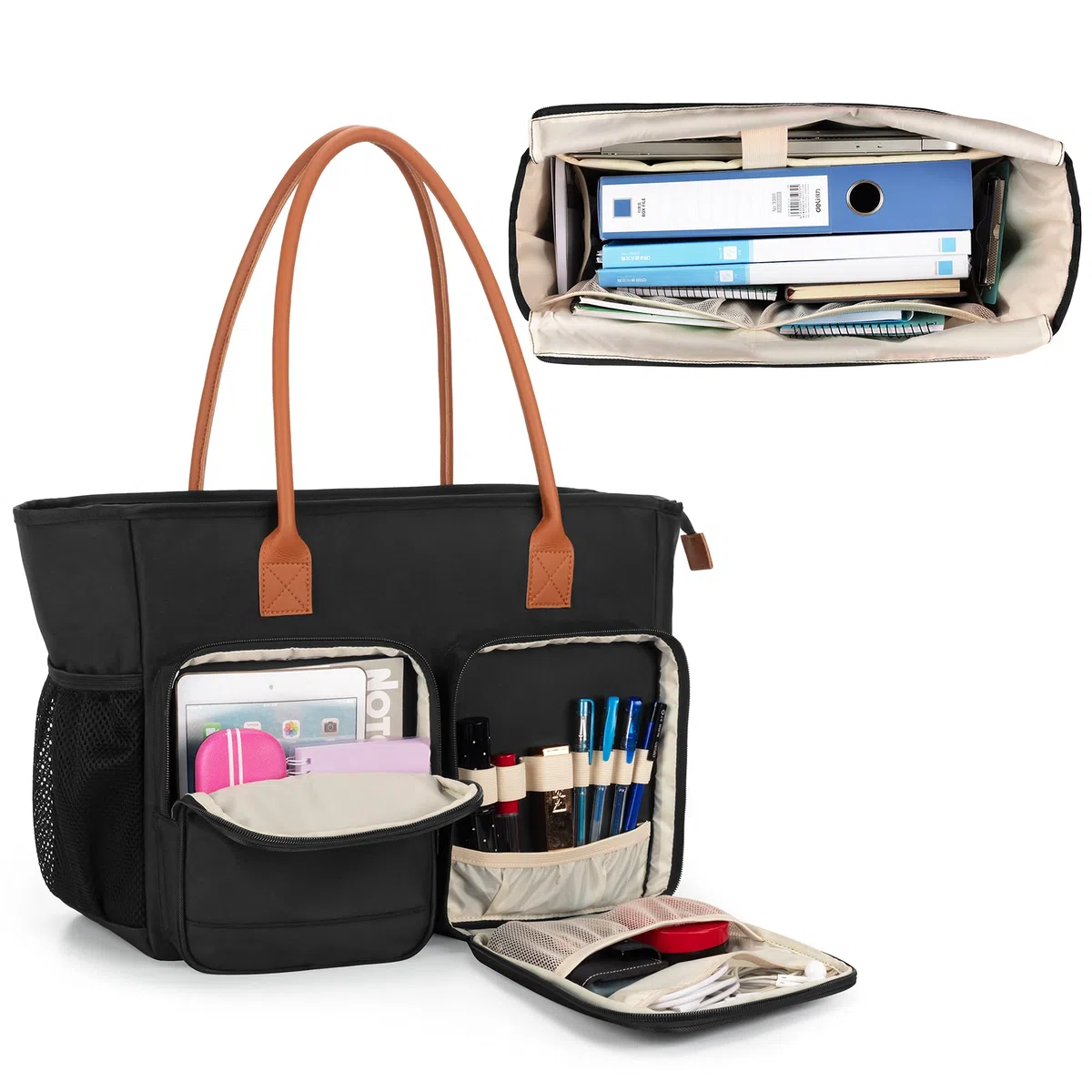 CURMIO Sac de Transport pour Femme, Sac de Travail pour Enseignant, Pochette Rembourrée pour Ordinateur Portable, Idéal pour Professeurs, Noir (Sac Vide)