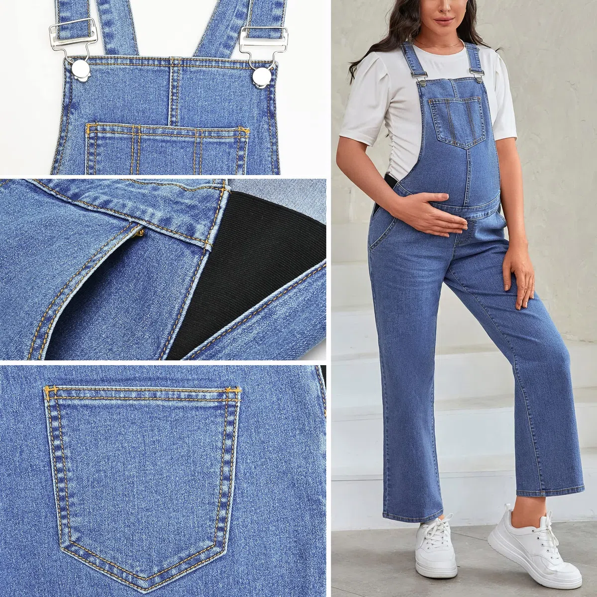 Salopette de maternité à bretelles droites longueur cheville en jean pour femme enceinte