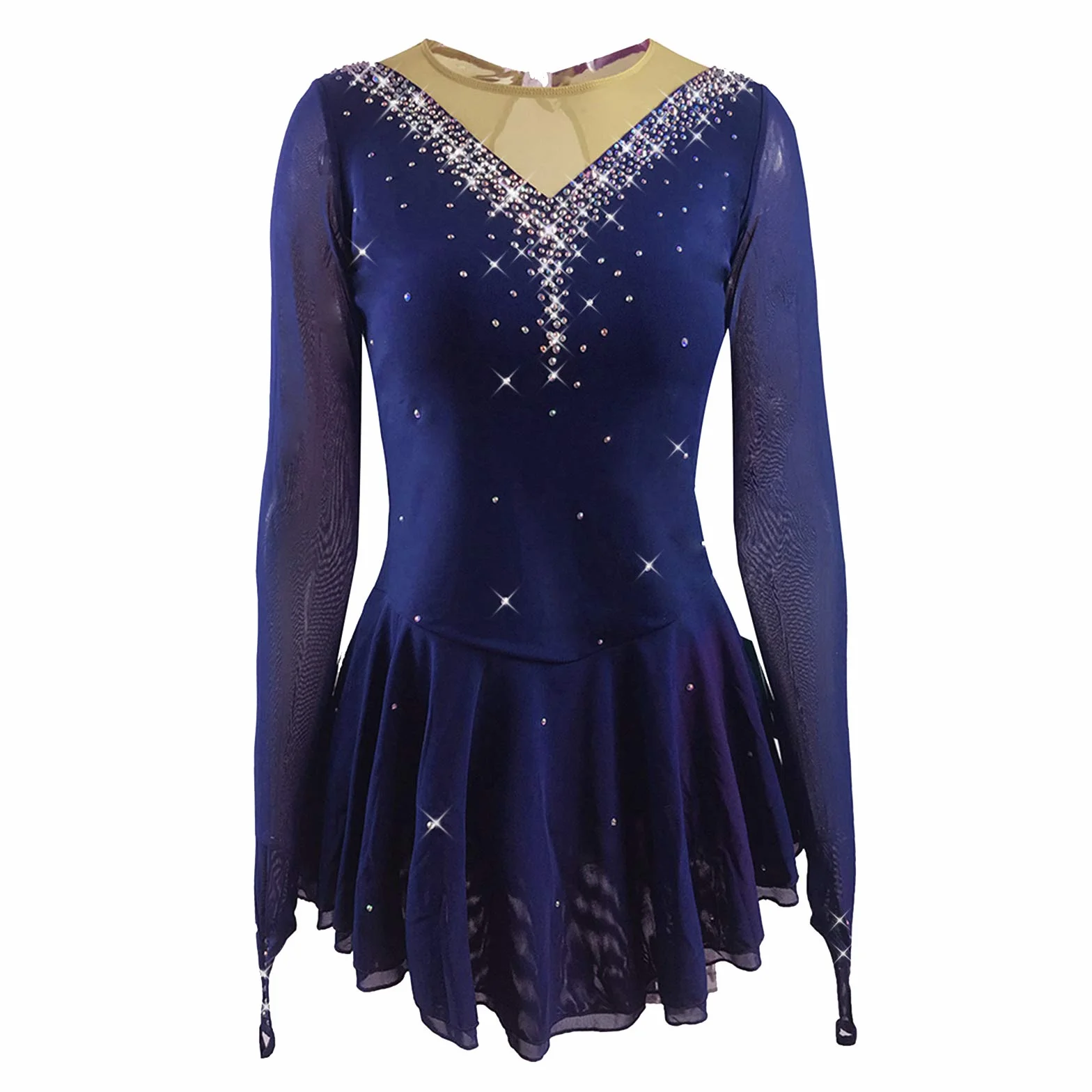 LIUHUO Robe de Patinage Artistique en Maille Extensible avec Manches crochetées pour Fille Quatre Couleurs