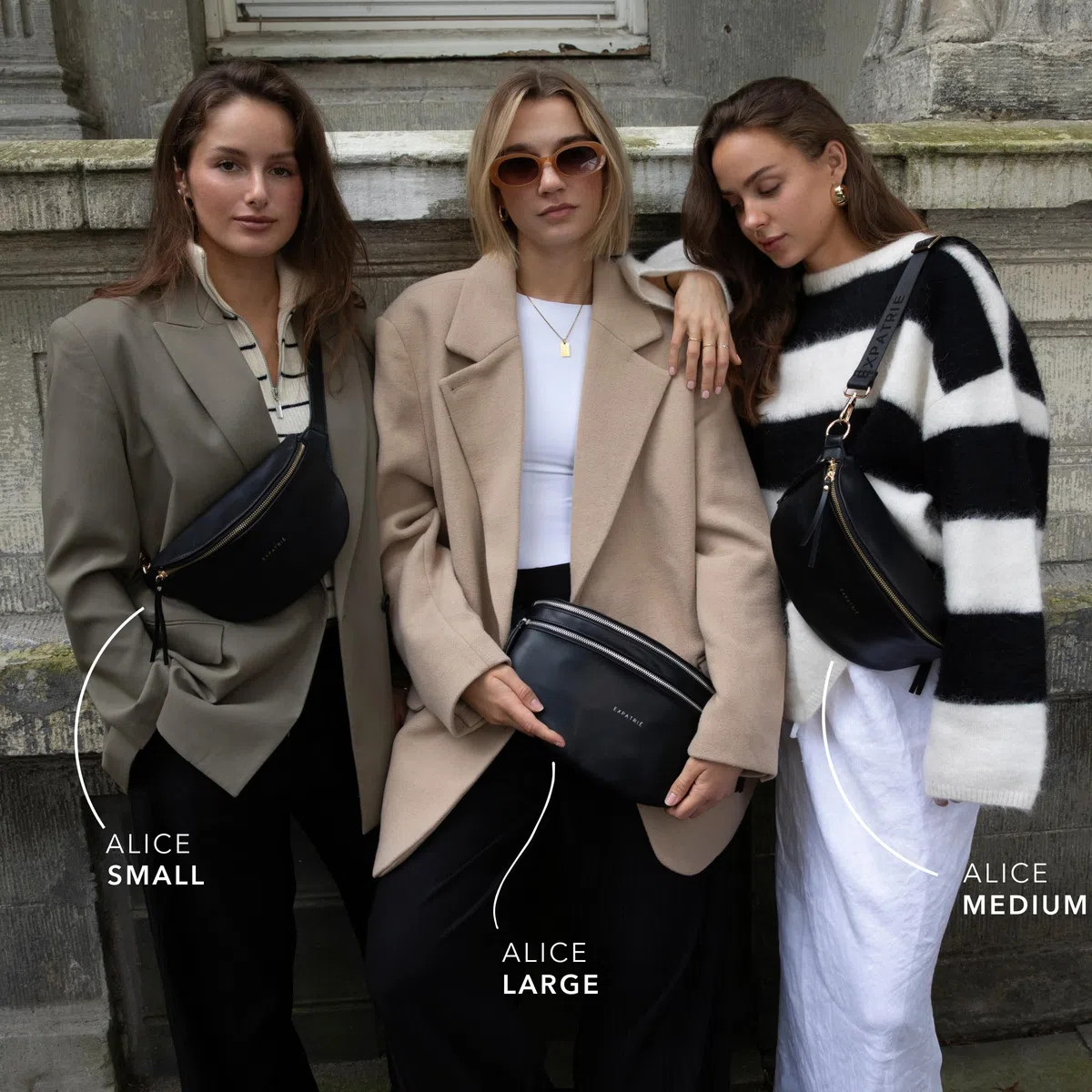 Expatrié Sac à Main pour Femmes Noir - Alice Medium - Sac Banane en Cuir Végétal pour Festival, Voyage et Vie Quotidienne - Sac à Hanche Elégant - Déperlant