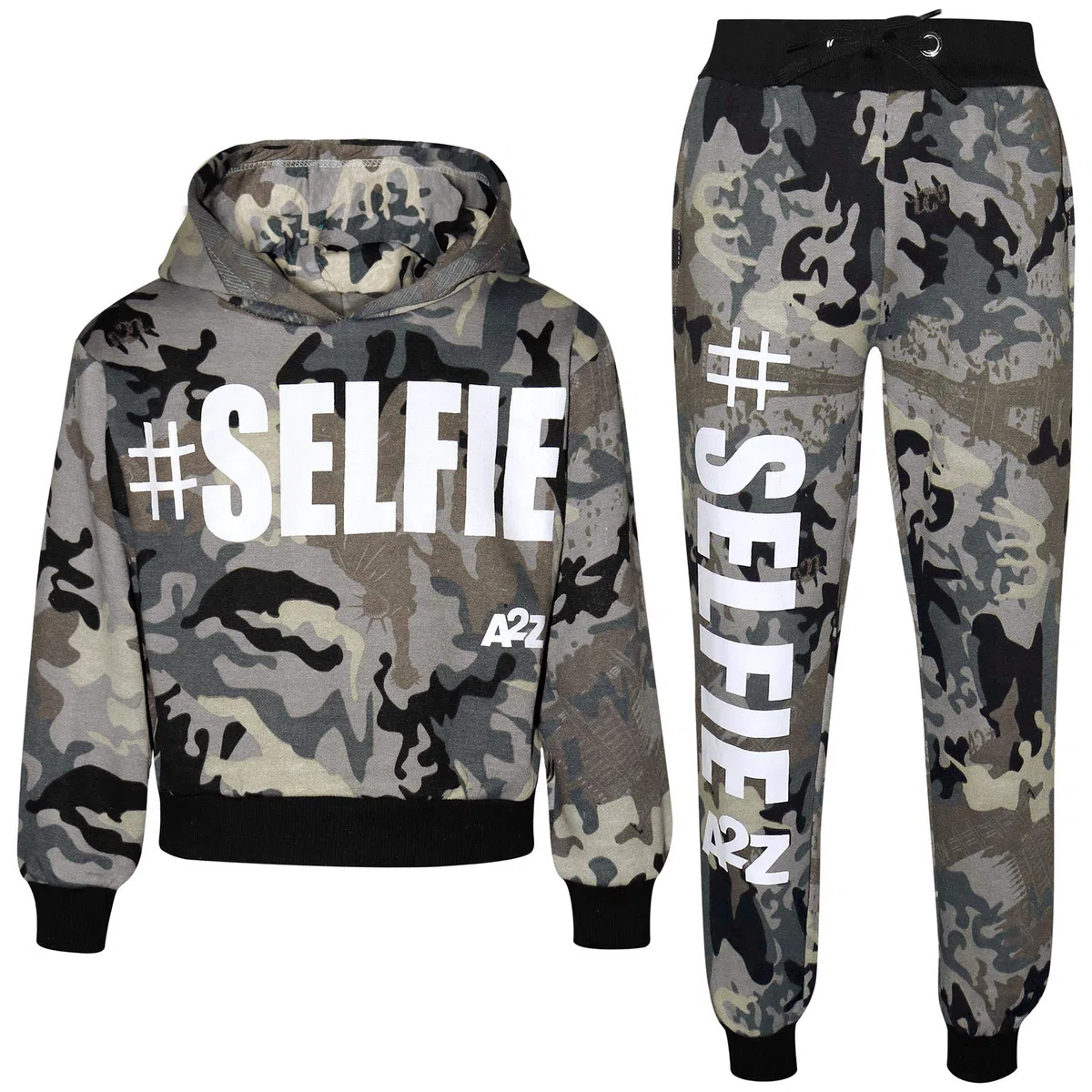 A2Z 4 Kids Enfants Filles Garçons Survêtement Designer Gris #Selfie Imprimer Toison Encapuchonné Crop Top Bottom Jogging Costume Joggers Âge 5-13 Ans