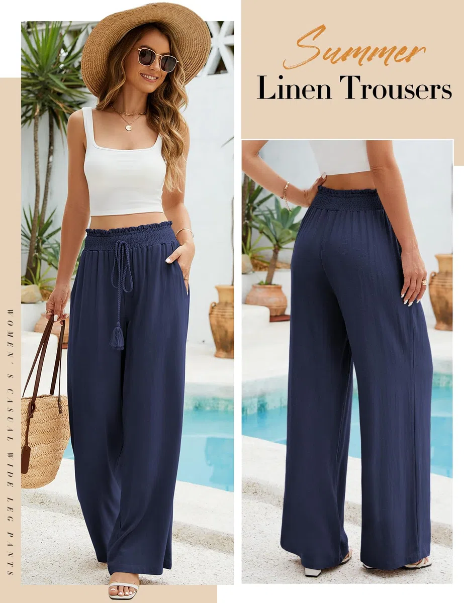 UMIPUBO Pantalon Lin Femme Été Coton Chanvre Décontractés Large Pantalons Fluide Elegant Chic Taille Haute Élastique Pantalon Léger Jogging Pants de Plage avec Poches