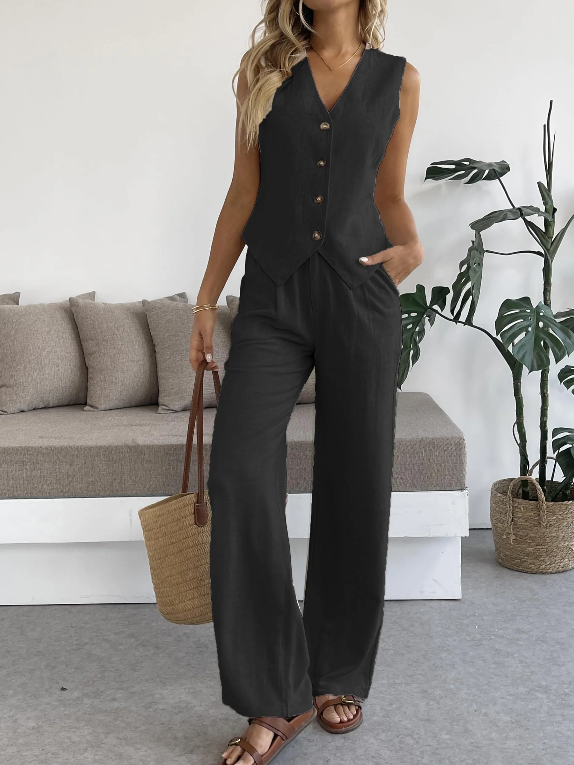 Fakanhui Ensemble 2 pièces en lin pour femme - Gilet d'été - Jambes larges - Pantalon d'affaires, loisirs, vacances, ensembles de travail
