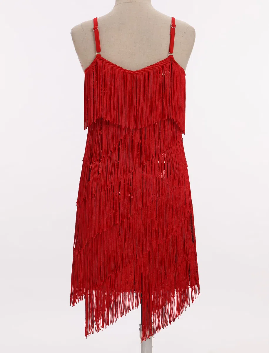 FYMNSI Robe de danse latine pour filles - Tenue de danse de salon - Col en V - Paillettes scintillantes - Pompons à franges