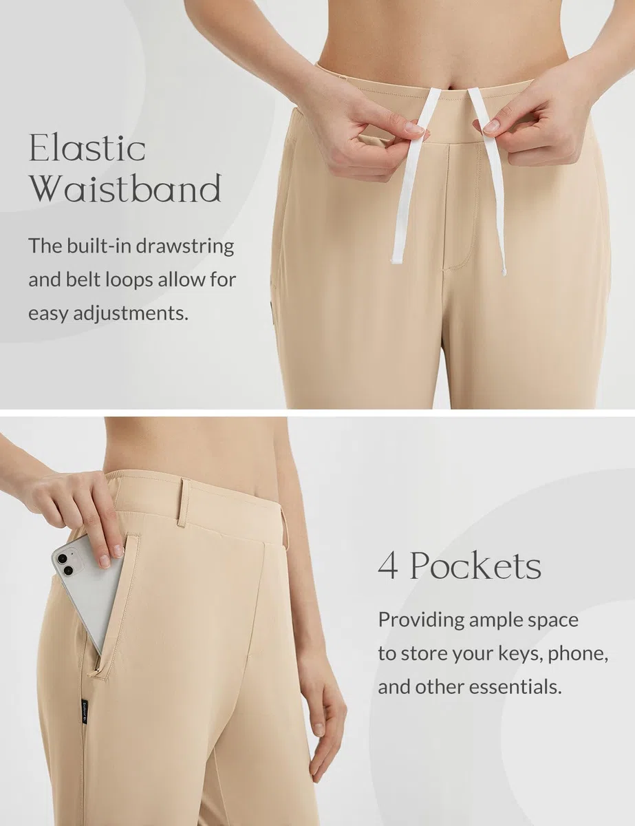 BALEAF Pantalon de golf extensible pour femme avec passants de ceinture et poches à fermeture éclair UPF 50+, kaki, XS