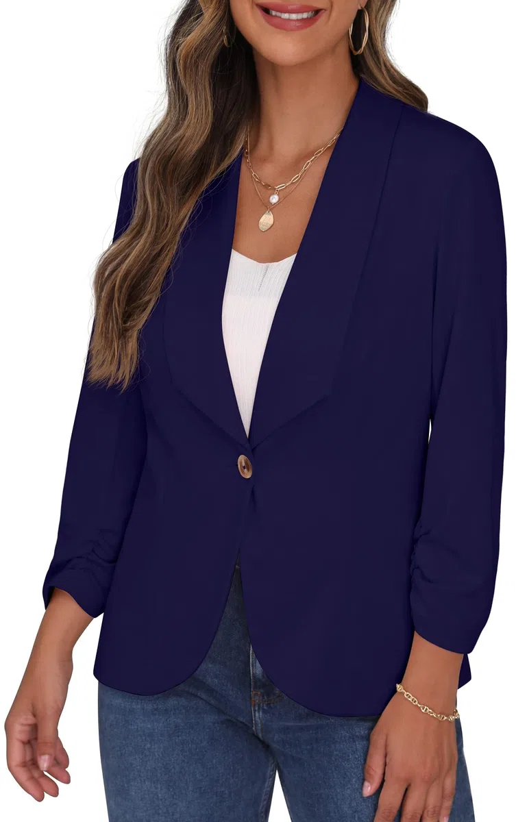 PrinStory Blazer Ouvert sur Le Devant pour Femme - Manches 3/4 froncées - Style décontracté - pour Le Travail et Le Bureau